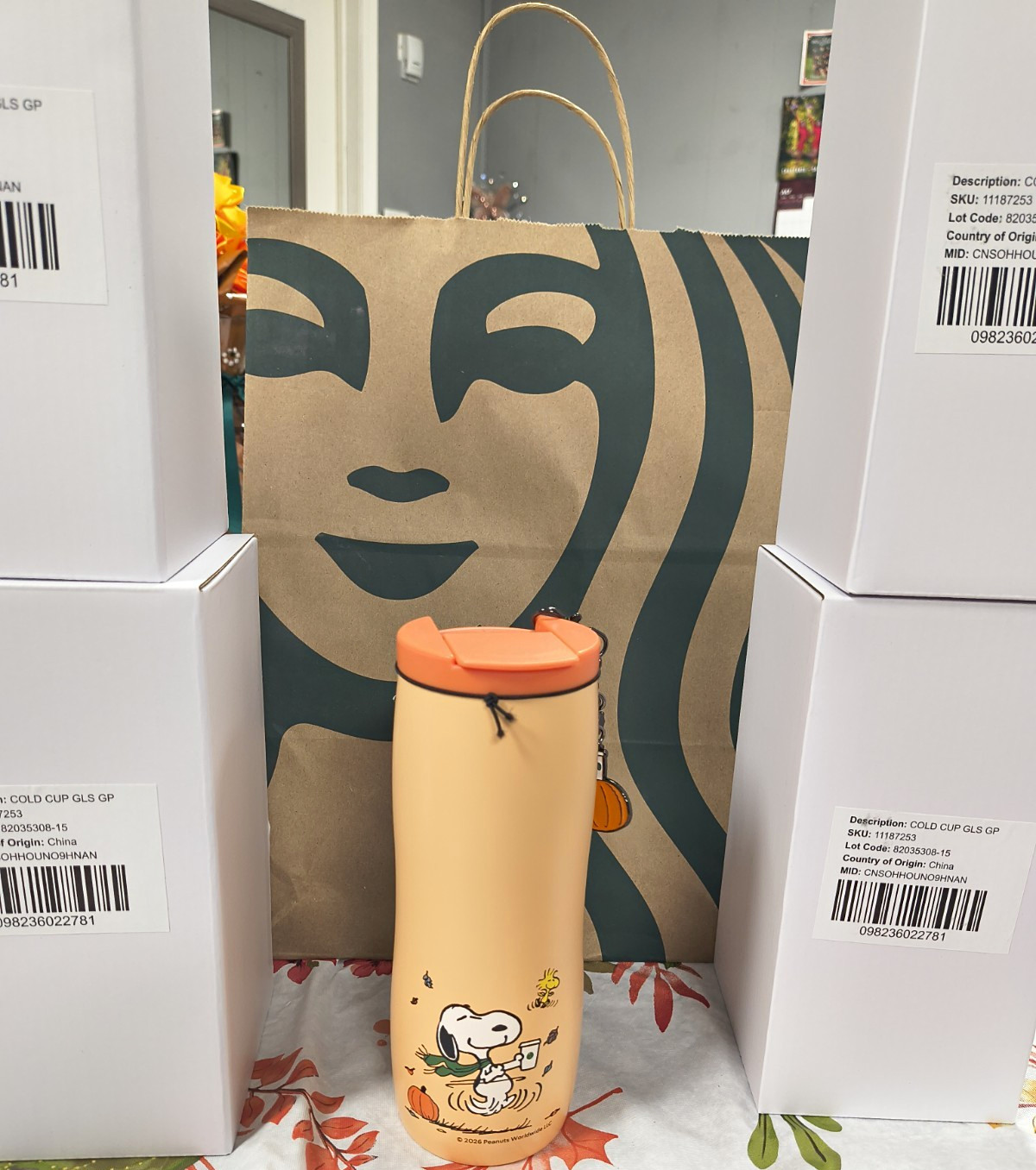 Starbucks Beige Travel Tumbler w/ Orange Lid & Siren Logo Paper Shopping Bag