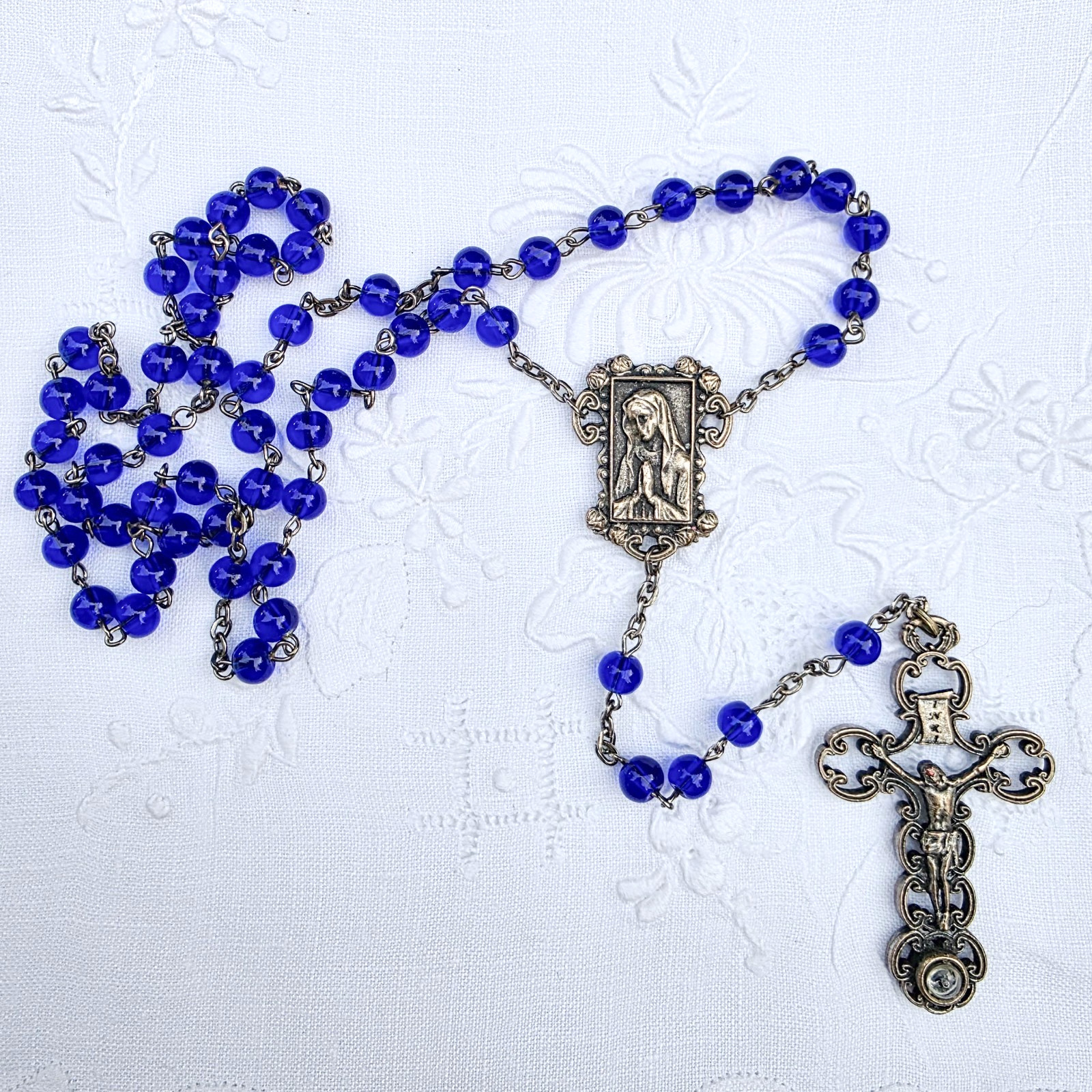 VTG St Bernadette Rosary Cobalt Blue Glass Beads Ornate Crucifix Catholic 24\