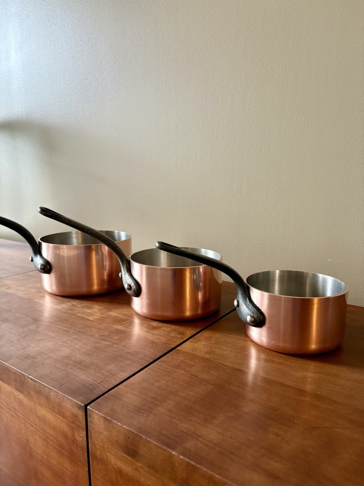 GENUINE Vintage E.dehillerin Set Of 3 Copper Sauce Pots Stainless Steel Lined