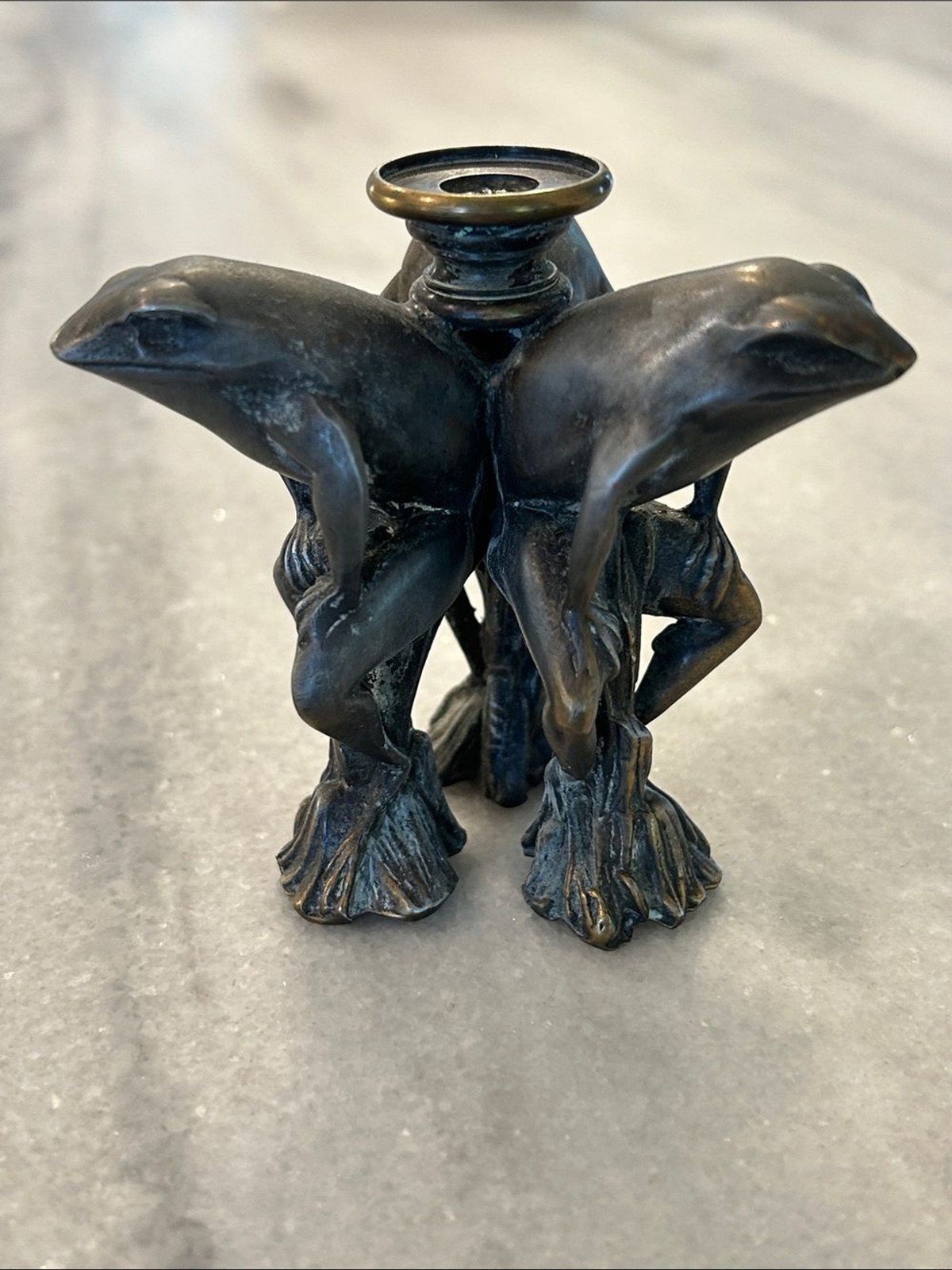Vintage French European Bronze Three Frog Sculpture Candle Holder Figurine