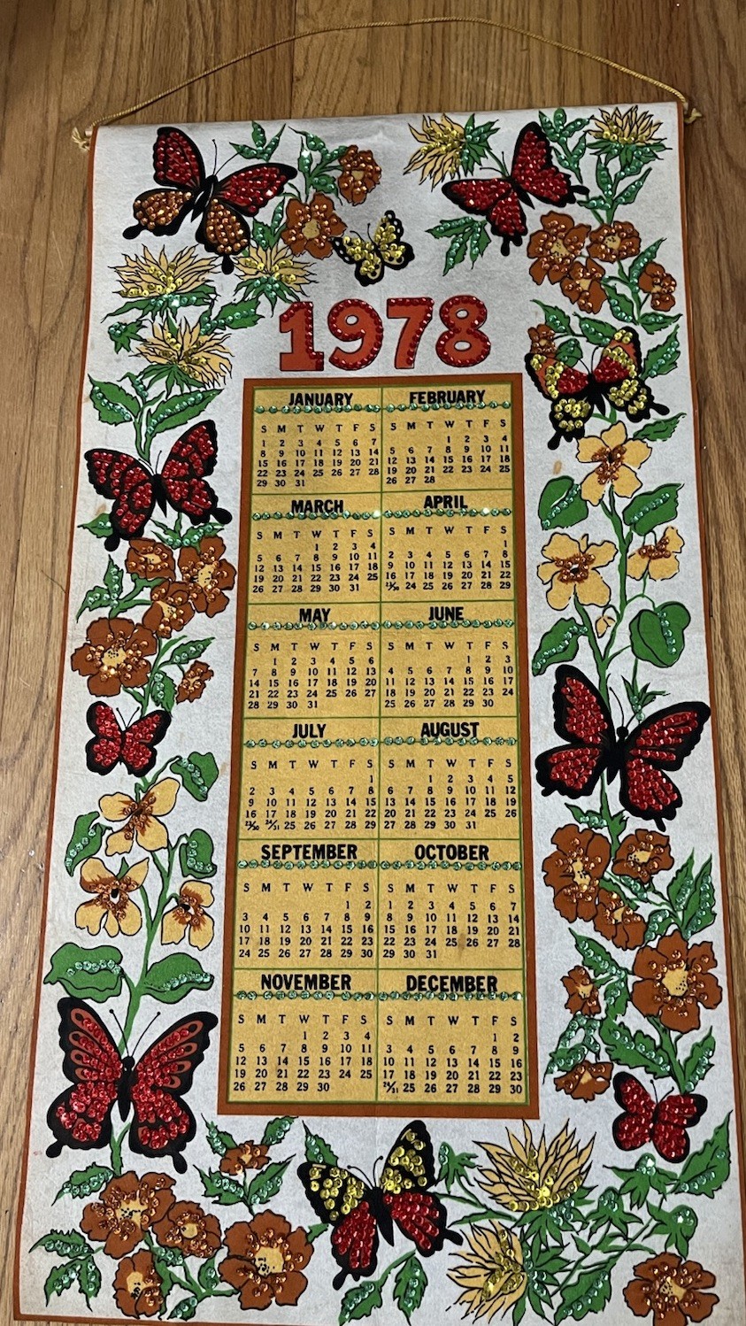 VINTAGE 1978 CLOTH WALL Hanging Calendar BUTTERFLIES Floral Nostalgic