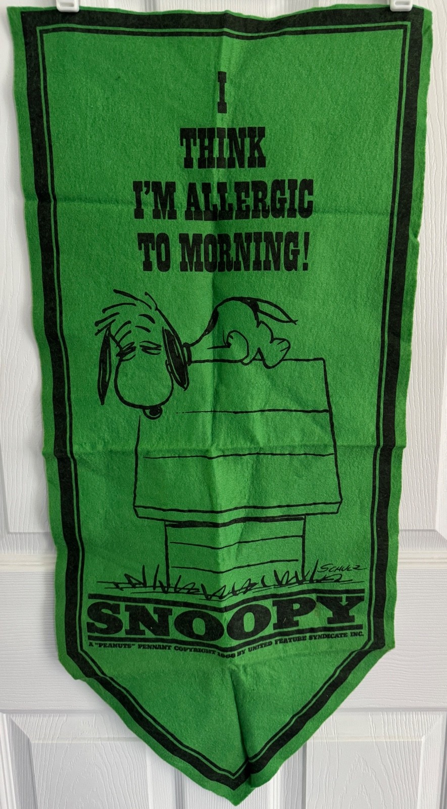Vintage 1971 Peanuts Snoopy Allergic To Morning Green Wool Felt Banner Pennant