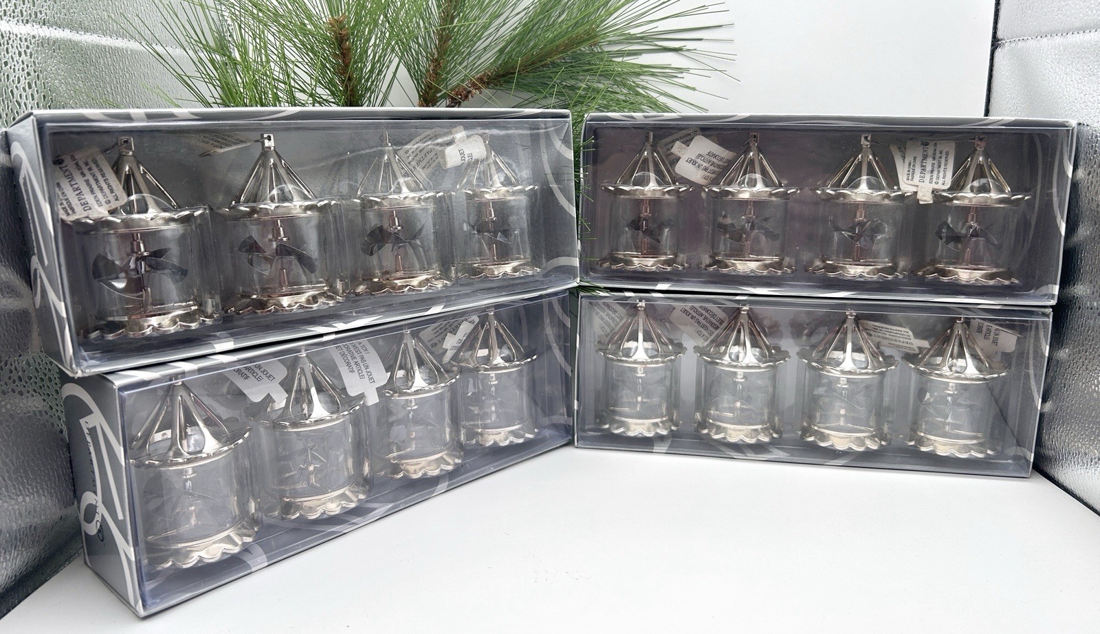 LOT 4BOXES Vtg 2001 Dept 56 Set 4  Silver Pinwheel Spinner Birdcage Ornaments 