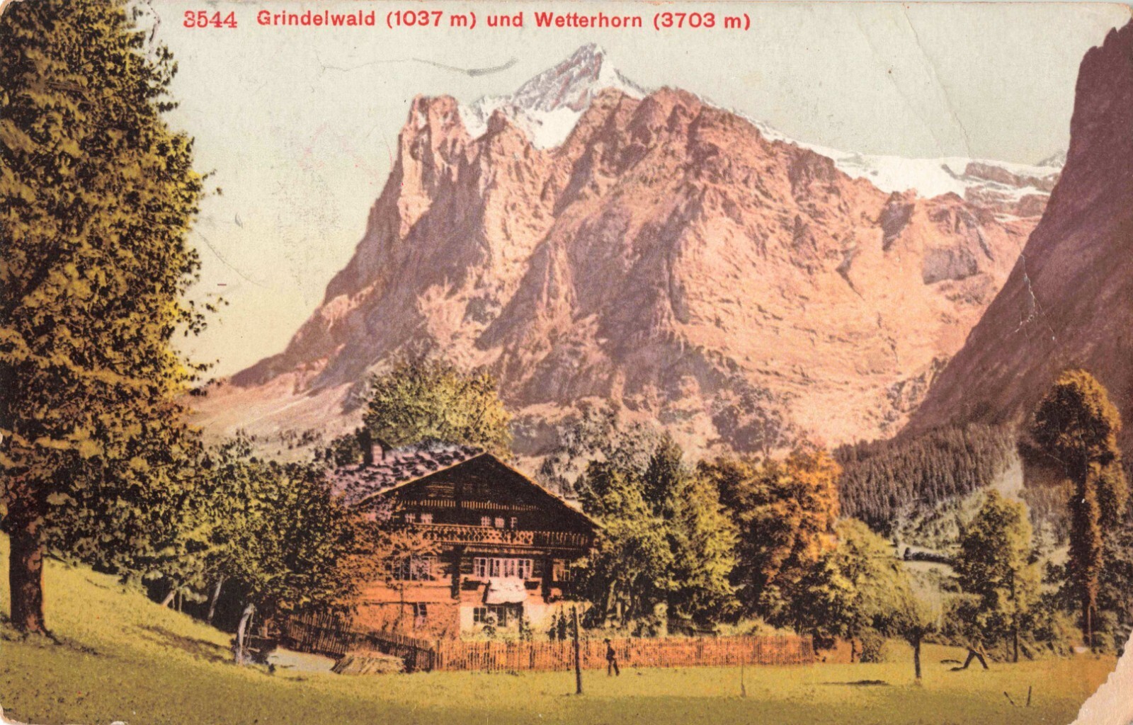 Grindelwald Switzerland, Village & Wetterhorn, Vintage Postcard