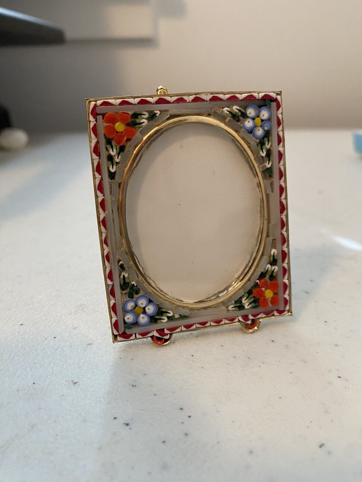 Vintage Micro Mosaic Miniature Picture Frame w/ Easel Back Floral Cream Red Blue