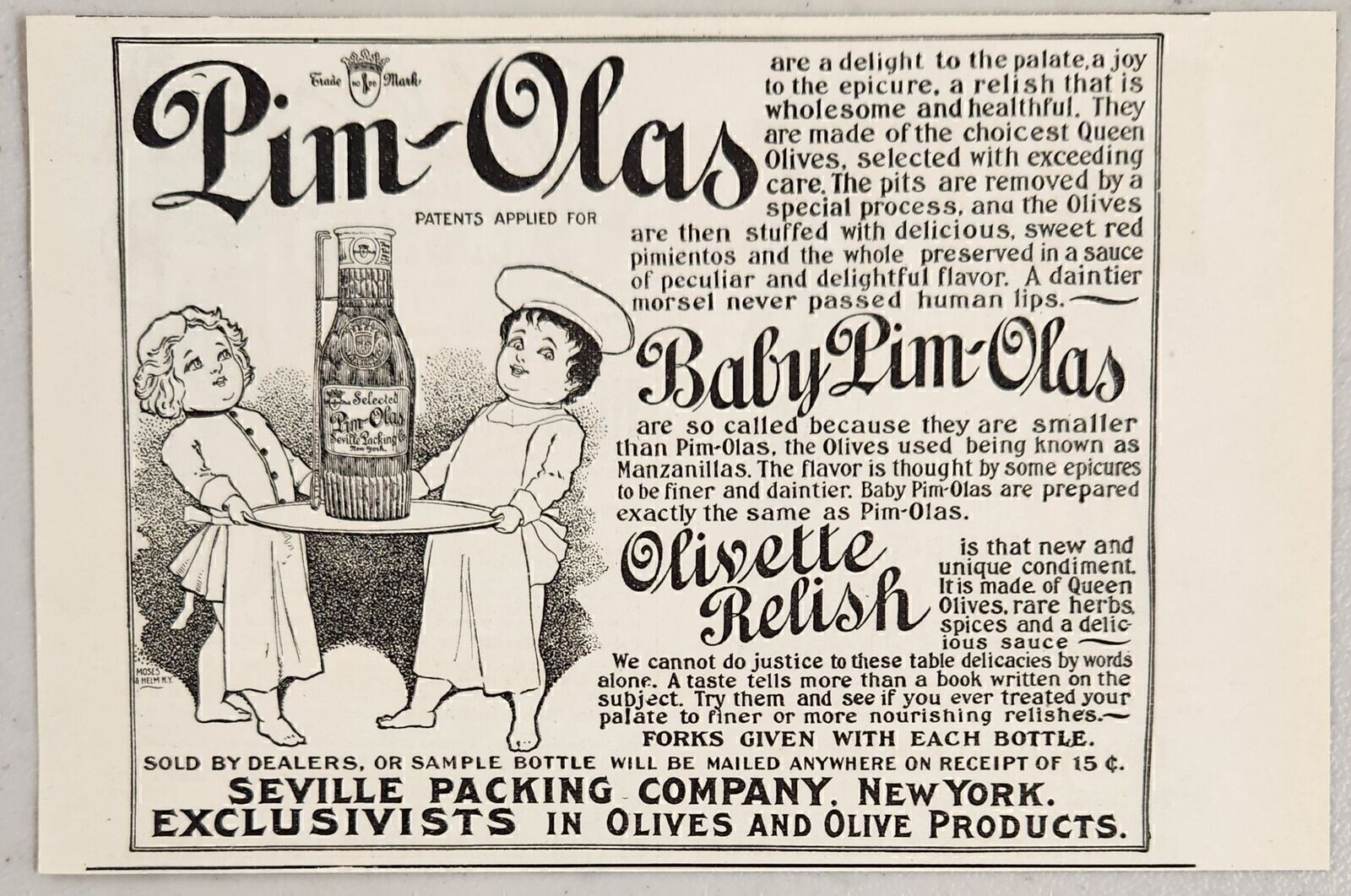 1899 Print Ad Pim-Olas Relish Made from Green Olives Seville Packing New York,NY 1899 Print Ad Pim-Olas Relish Made from Green Olives Seville Packing New York,NY