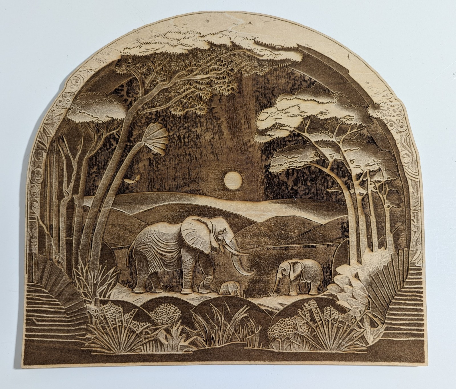 3D Laser Cut Wood Engraved African Savanna Elephant Scene Relief Carved 