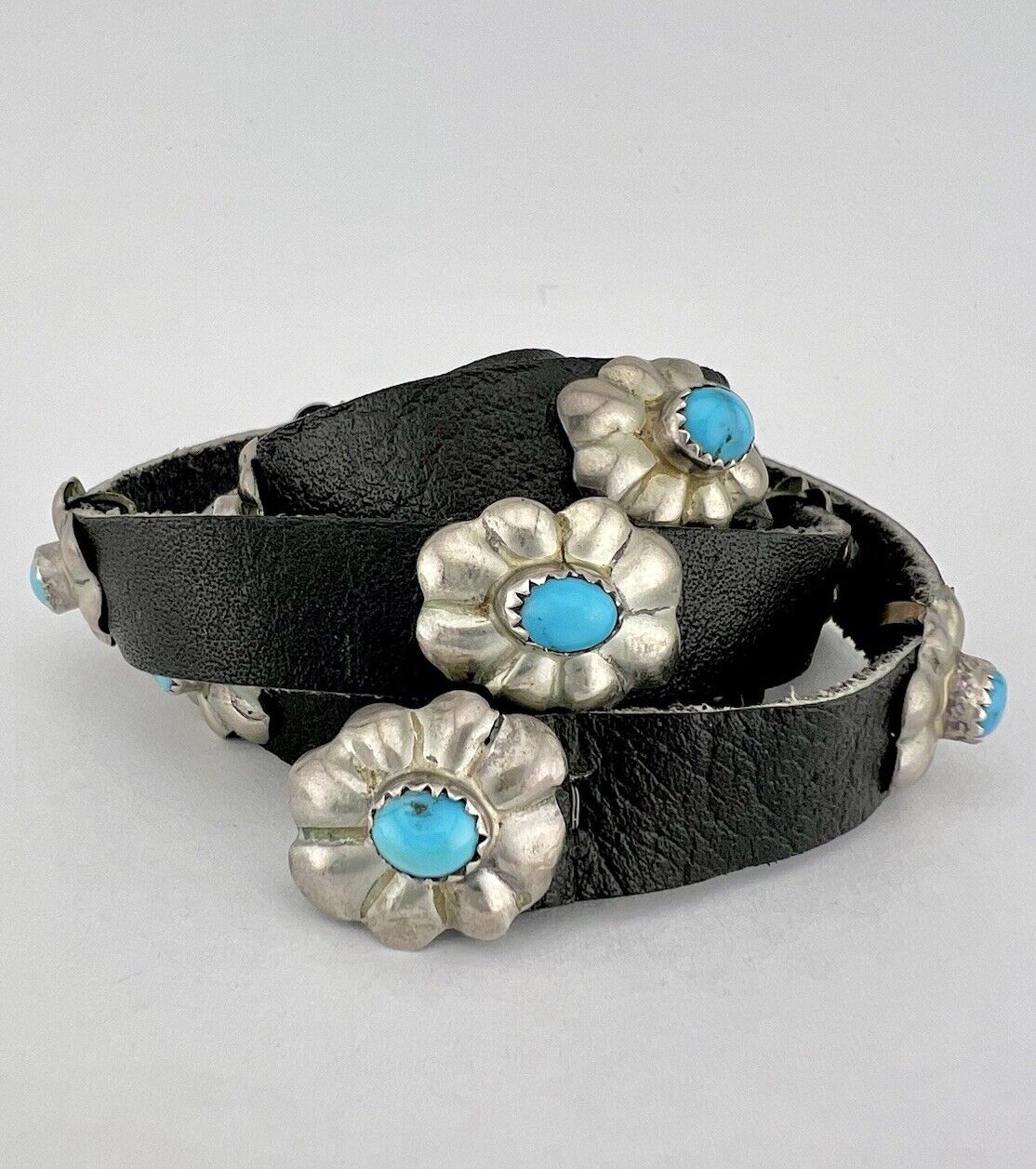 Vtg Navajo Native American Sterling Silver & Turquoise 14 Flower Concho Hat Band