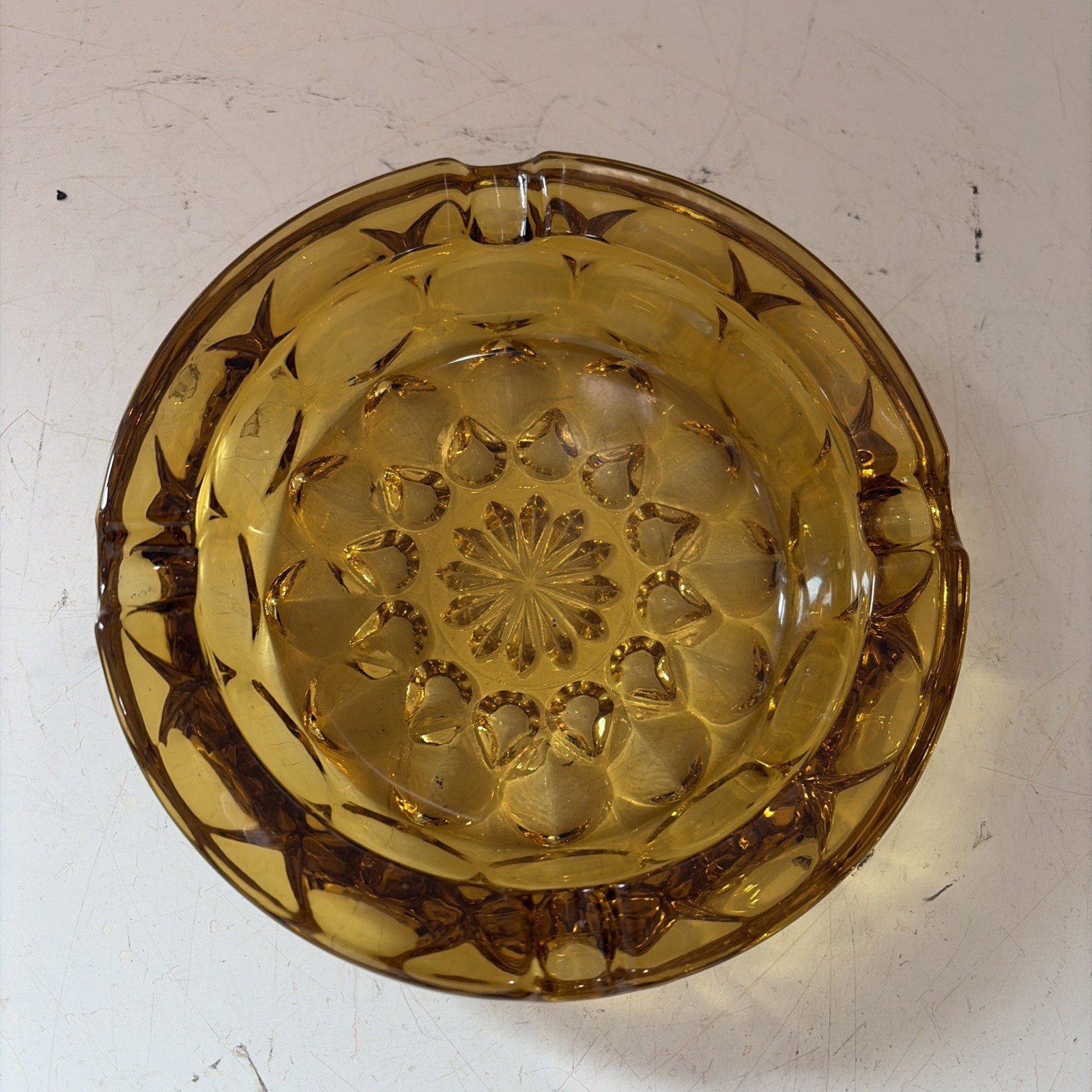 Vintage Anchor Hocking Glass Ashtray Amber Starburst Design Heavy 6”