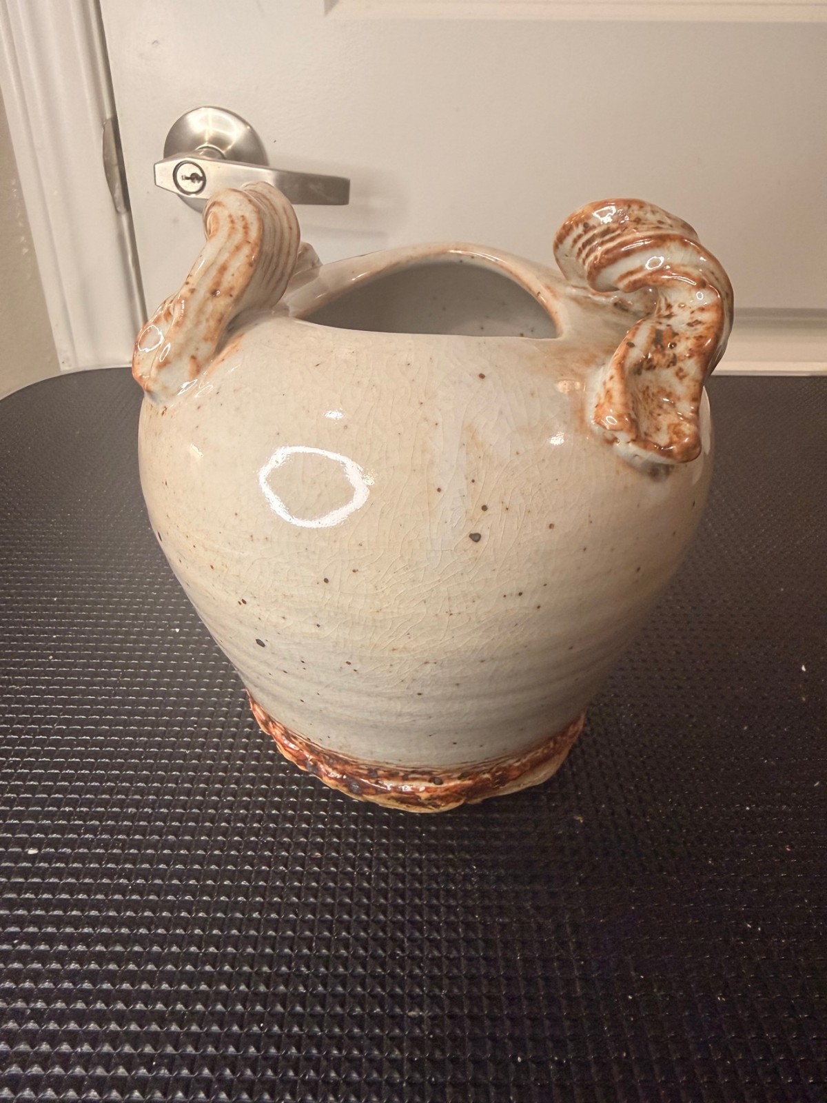 Studio Pottery Stoneware Jar Two Handles Signed Speckled Glaze