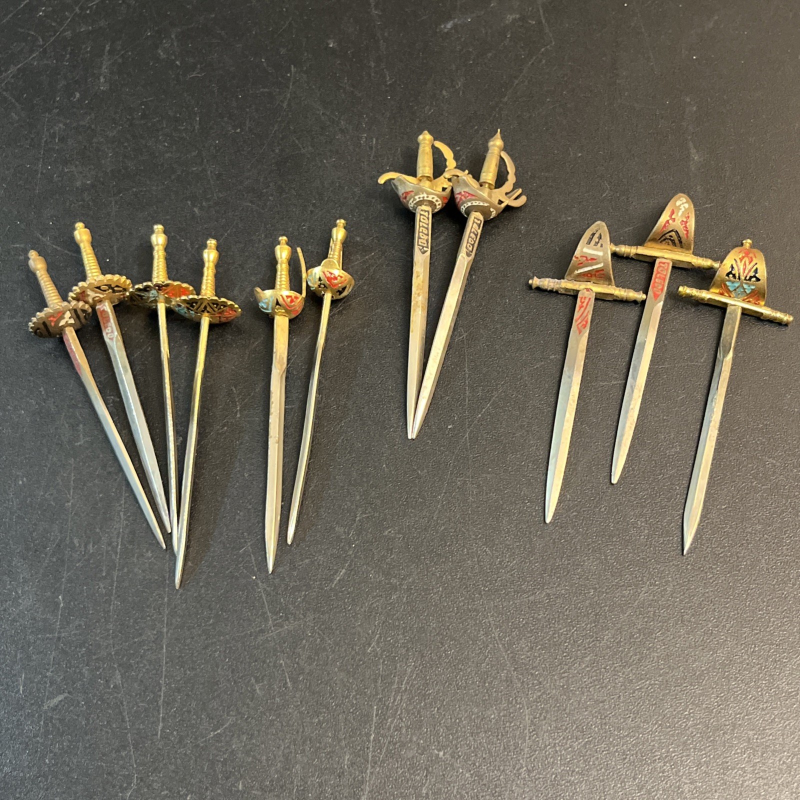 11 Vtg MCM Toledo Spain Cocktail Picks Skewers Brass Swords Bar Party Lot Set