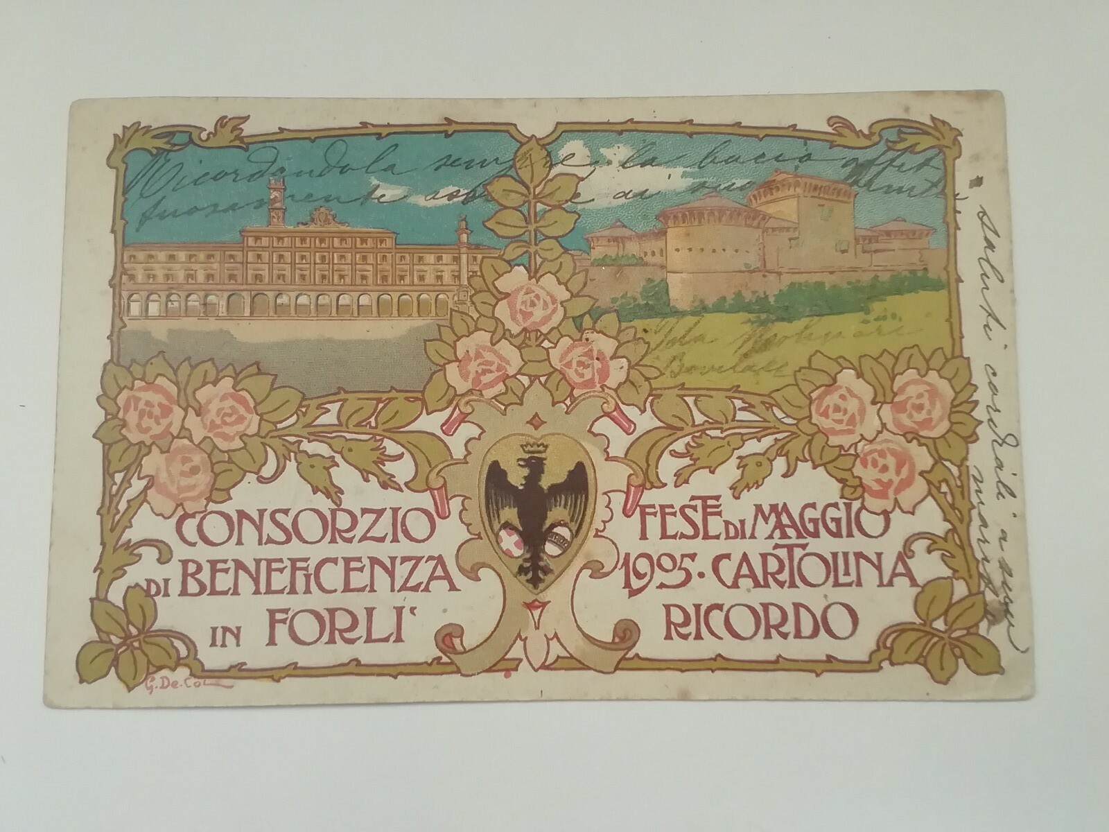 Advertising postcard De Col charity consortium Forlì May holidays 1905