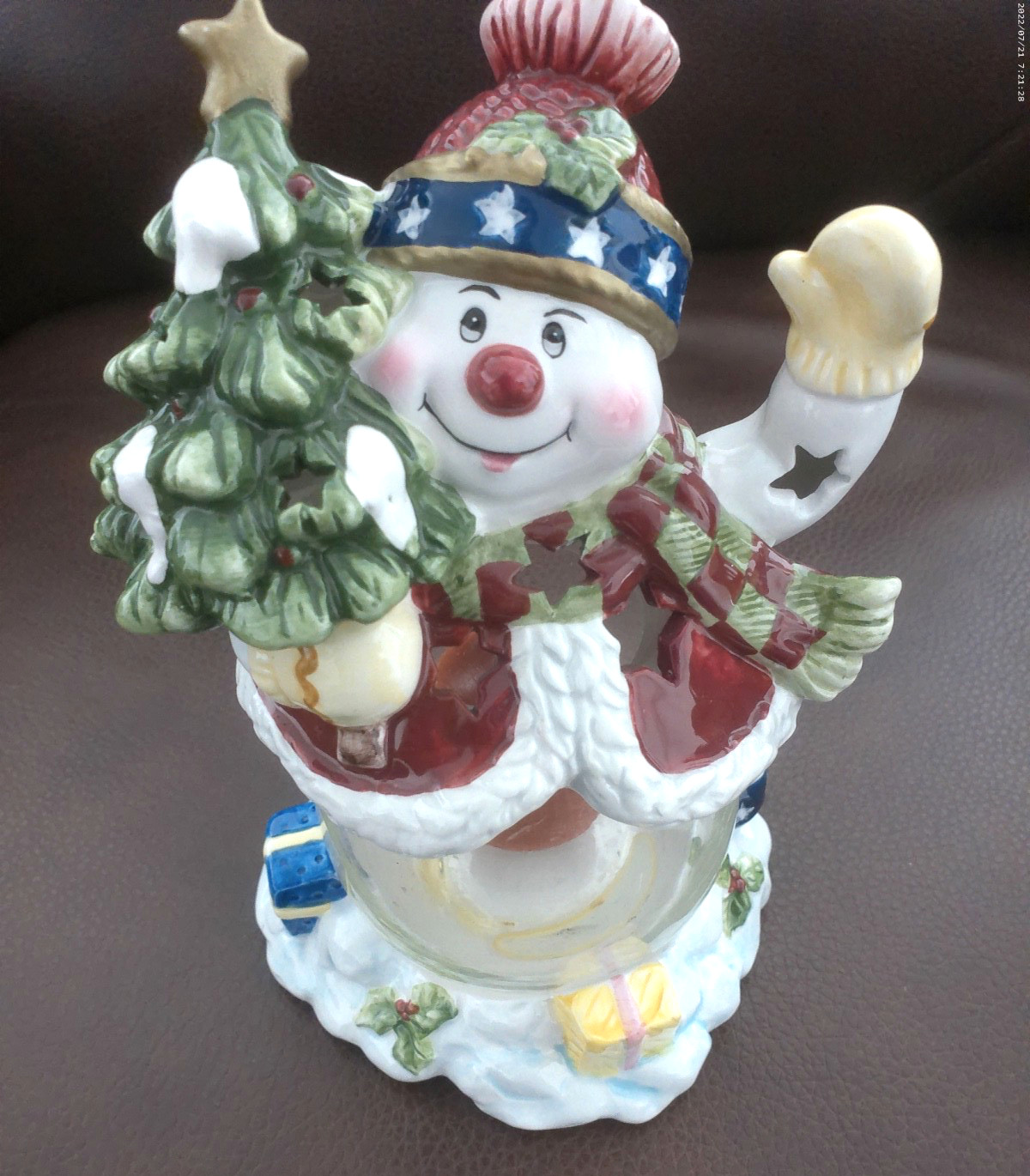 VINTAGE CERAMIC & GLASS SNOWMAN CANDLEHOLDER 7 3/8