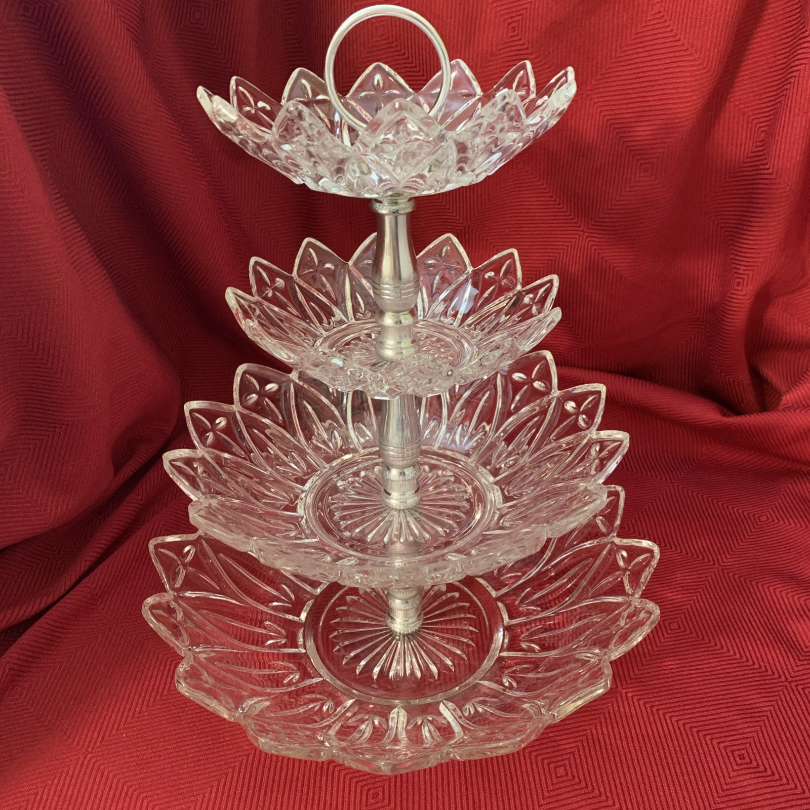 Vtg 4 Tier Federal Glass Petal Pattern Clear Serving Tray W/Handle MCM RARE FIND