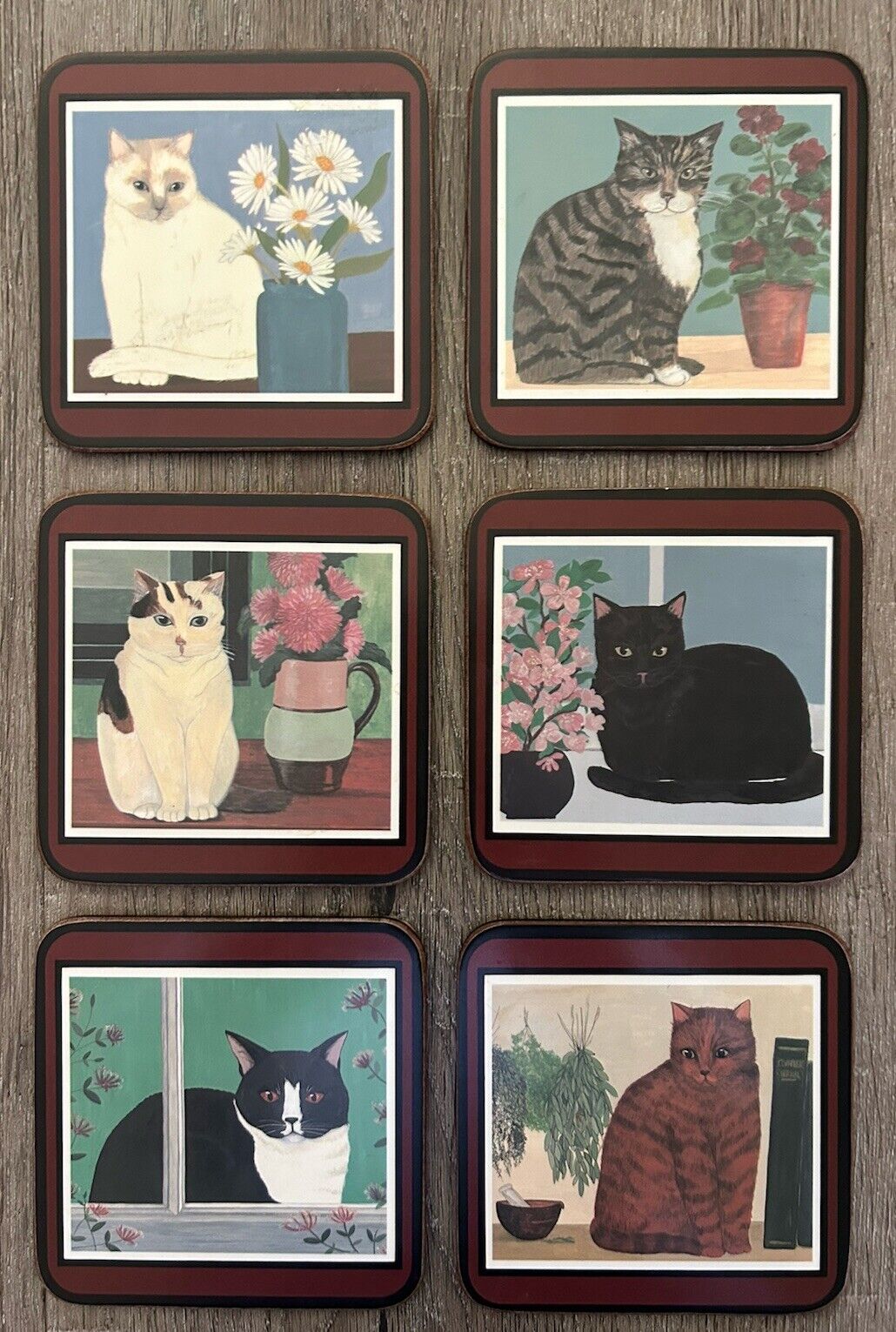 Pimpernel Cork Back Cat Coasters Set of 6 Assorted Kitties Made In England NWOB