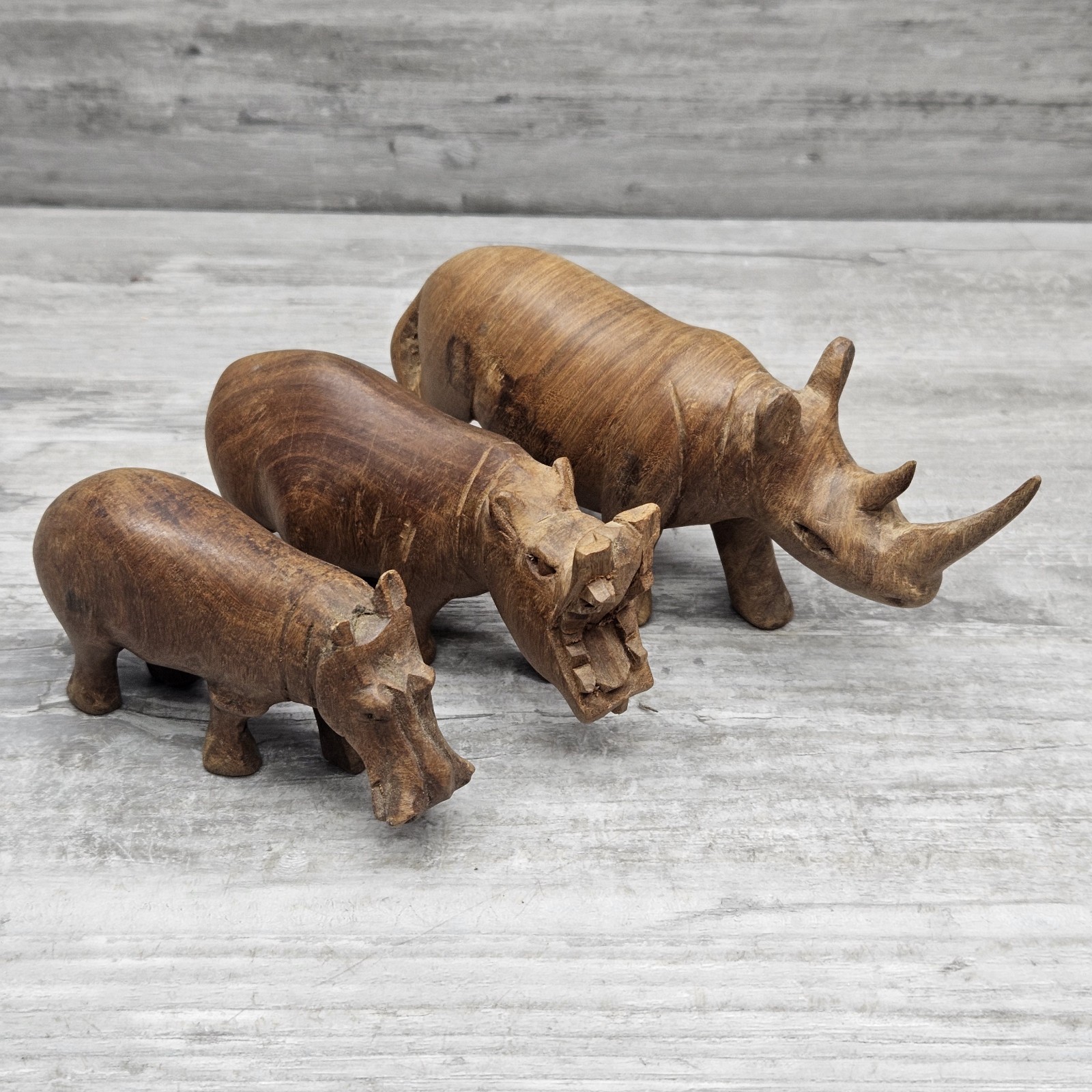 Vintage African Hand-Carved Wooden Animals Lot 3 Warthog Rhino Elephant