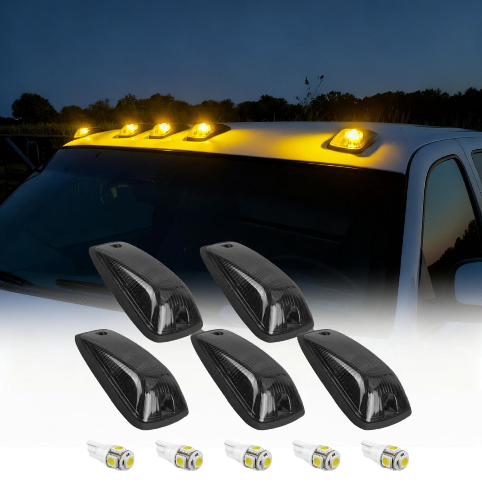 5pcs Cab Marker Roof Running Clearance Light Assembly, Smoke Lens Amber T10 5...