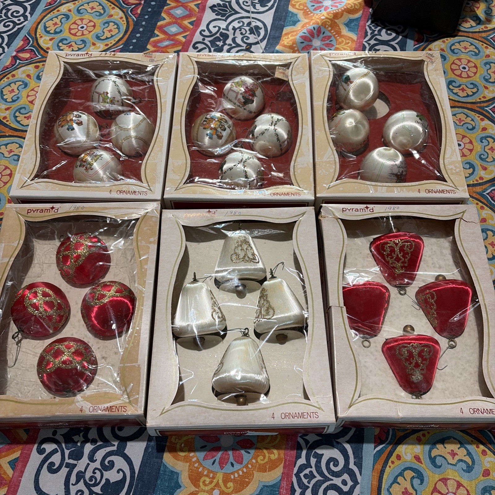 Vintage 1978-80’s SPUN SATIN Christmas Tree Ornaments RED, white Round & Bells 