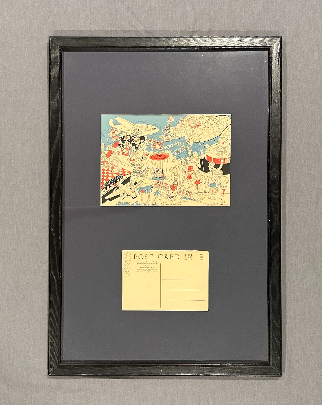 Framed 1940s Kitty Davis Air-Liner Miami Beach Menu Cover & Autographed Postcard