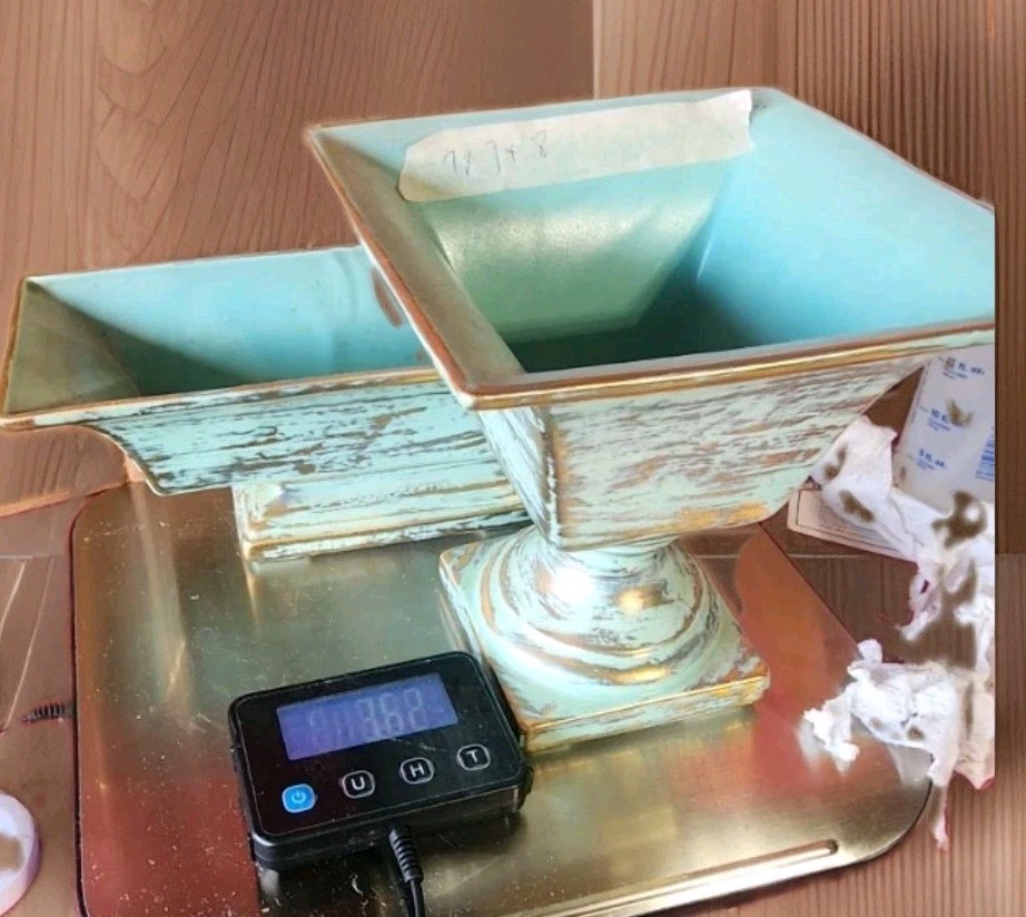Vintage Turquoise Blue Gold Distressed Ceramic Square Pedestal Planter Urn Pair