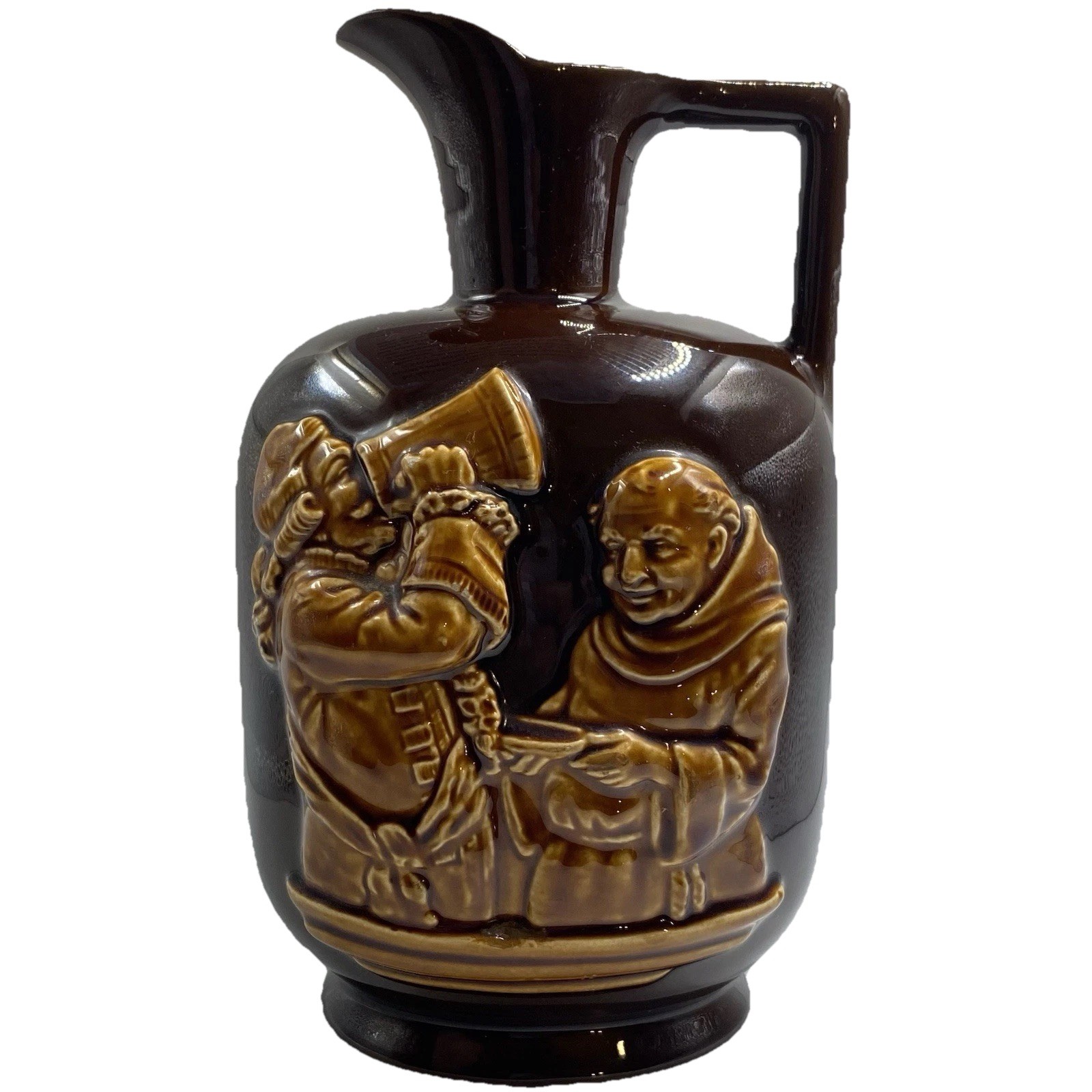 Vintage Figural Monk Friar Pitcher Jug Brown Ceramic Raised Relief Medieval