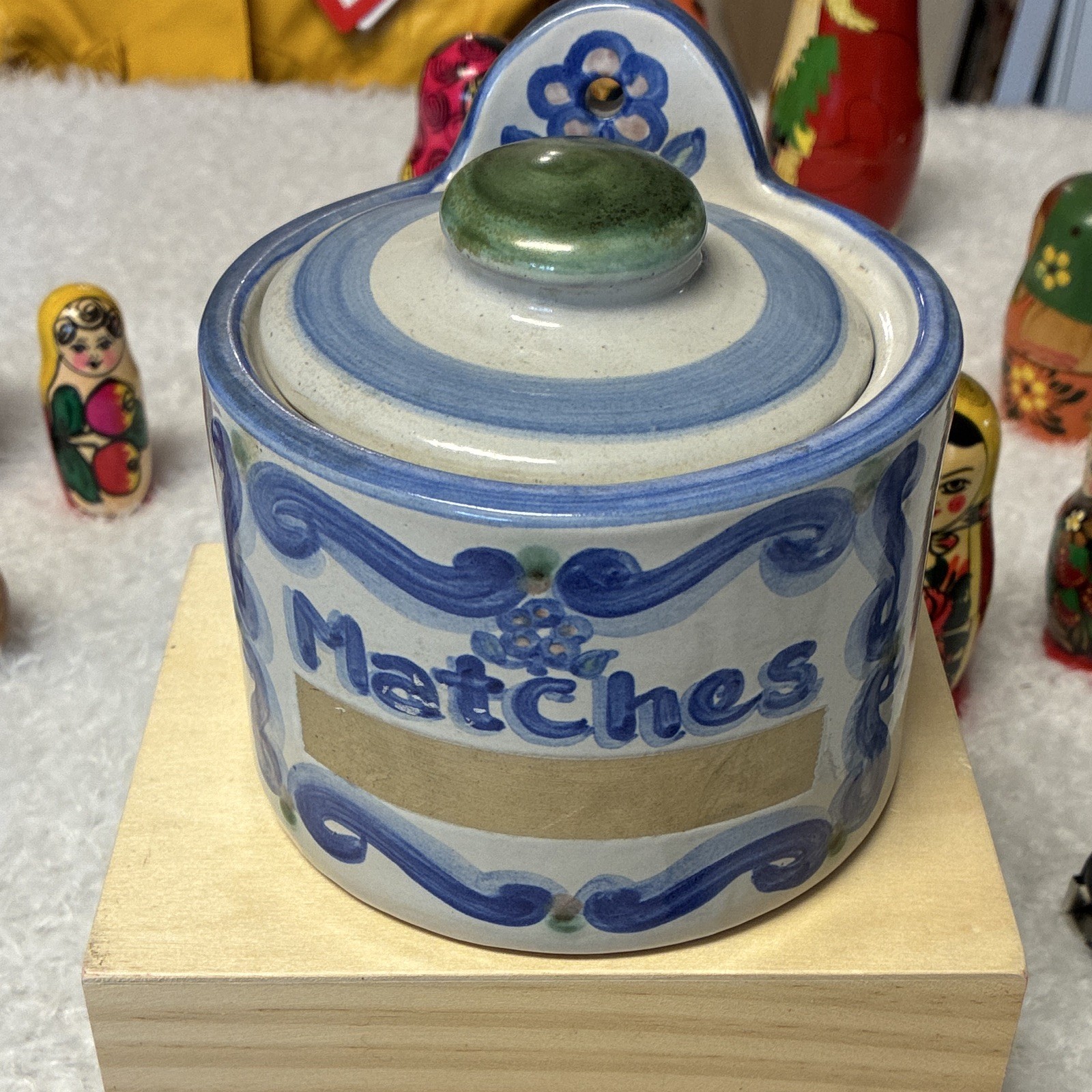 MA Hadley Ceramic Matches Canister Jar w/ Lid Floral Blue White Green