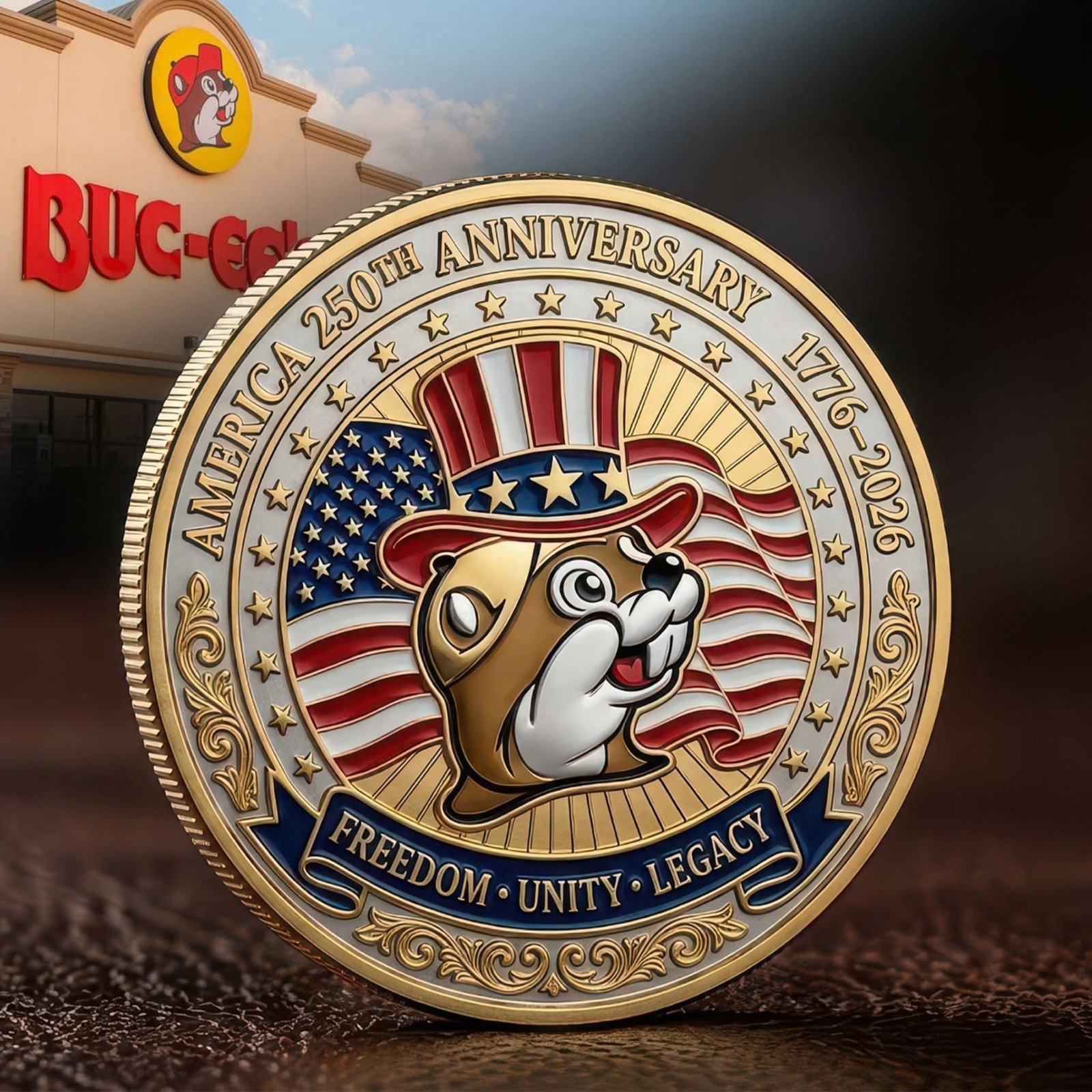 Buc-ee\'s America 250th Anniversary Coin 1776-2026 Patriotic Beaver Gold Medal