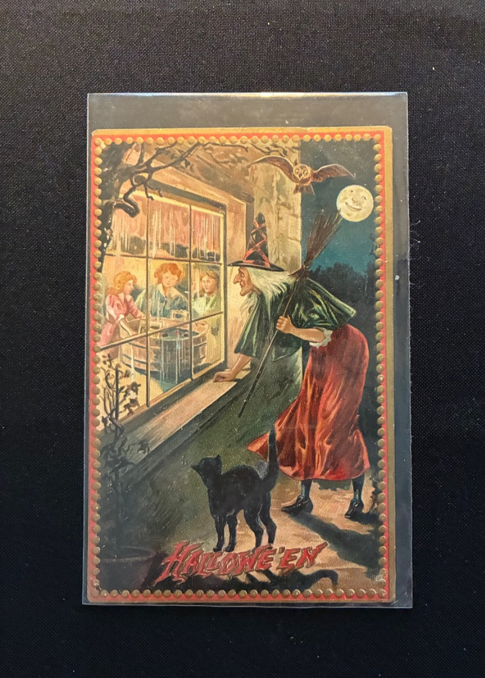 Halloween Tuck 160 #3 p213 Witch Cat Owl Looking in Window Postcard