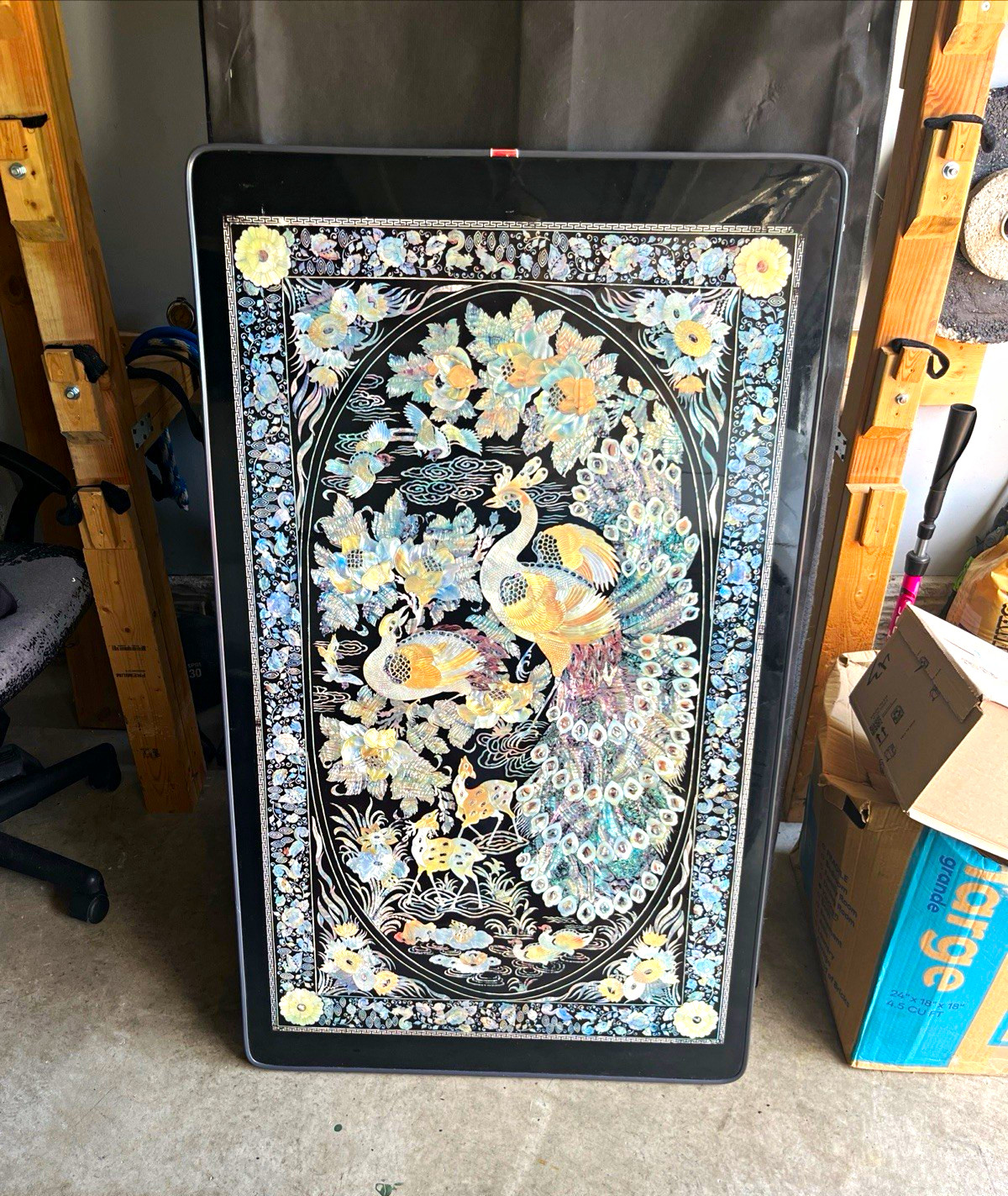 Vintage Korean Chinoiserie Mother of Pearl Inlay, Peacock low folding tea table