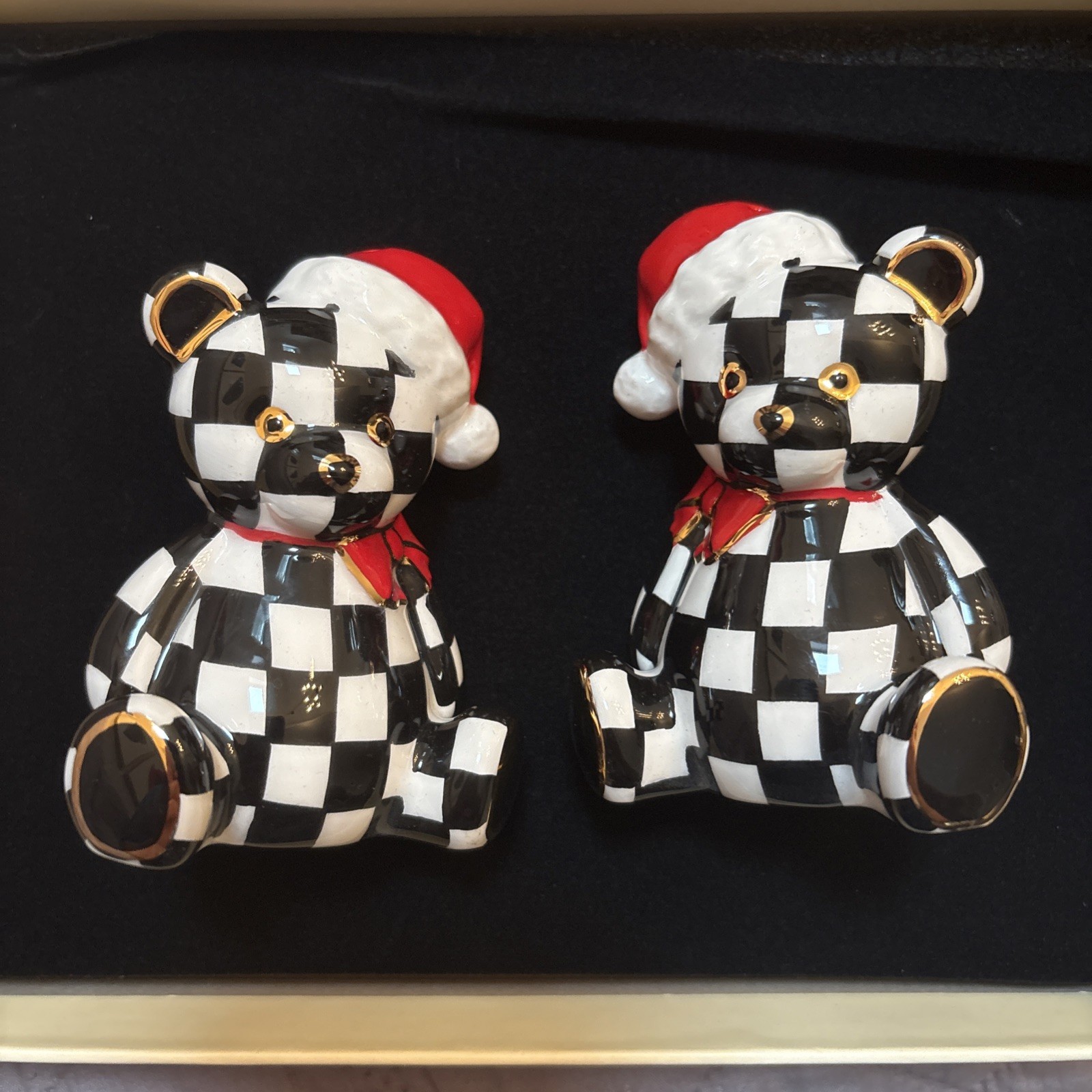 MacKenzie Childs Holiday Collection Courtly Santa Bear Salt & Pepper Shaker Set