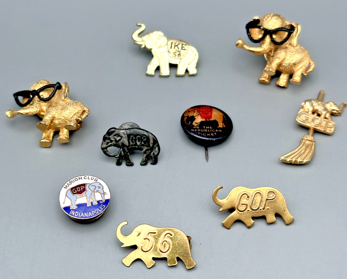 VINTAGE REPUBLICAN GOP ELEPHANT PINS AND COLLAR BUTTONS COLLECTION - A225