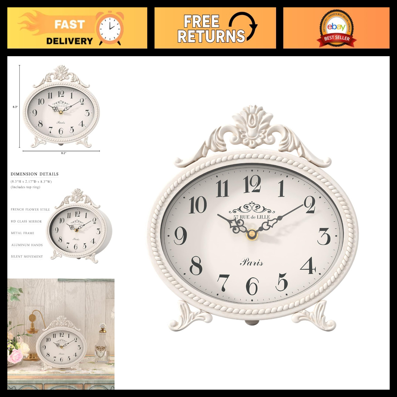 Vintage Table Clock - Antique White French Rustic Mantel Clock, Home Decor Accen