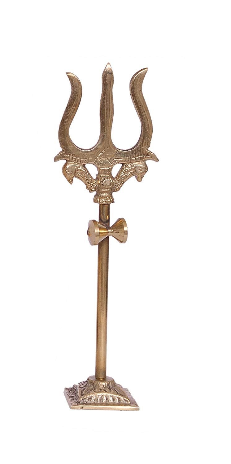 Pure Brass Trishul, Mahadev Trident Damru With Stand Temple, Puja Ghar, 10 Cm