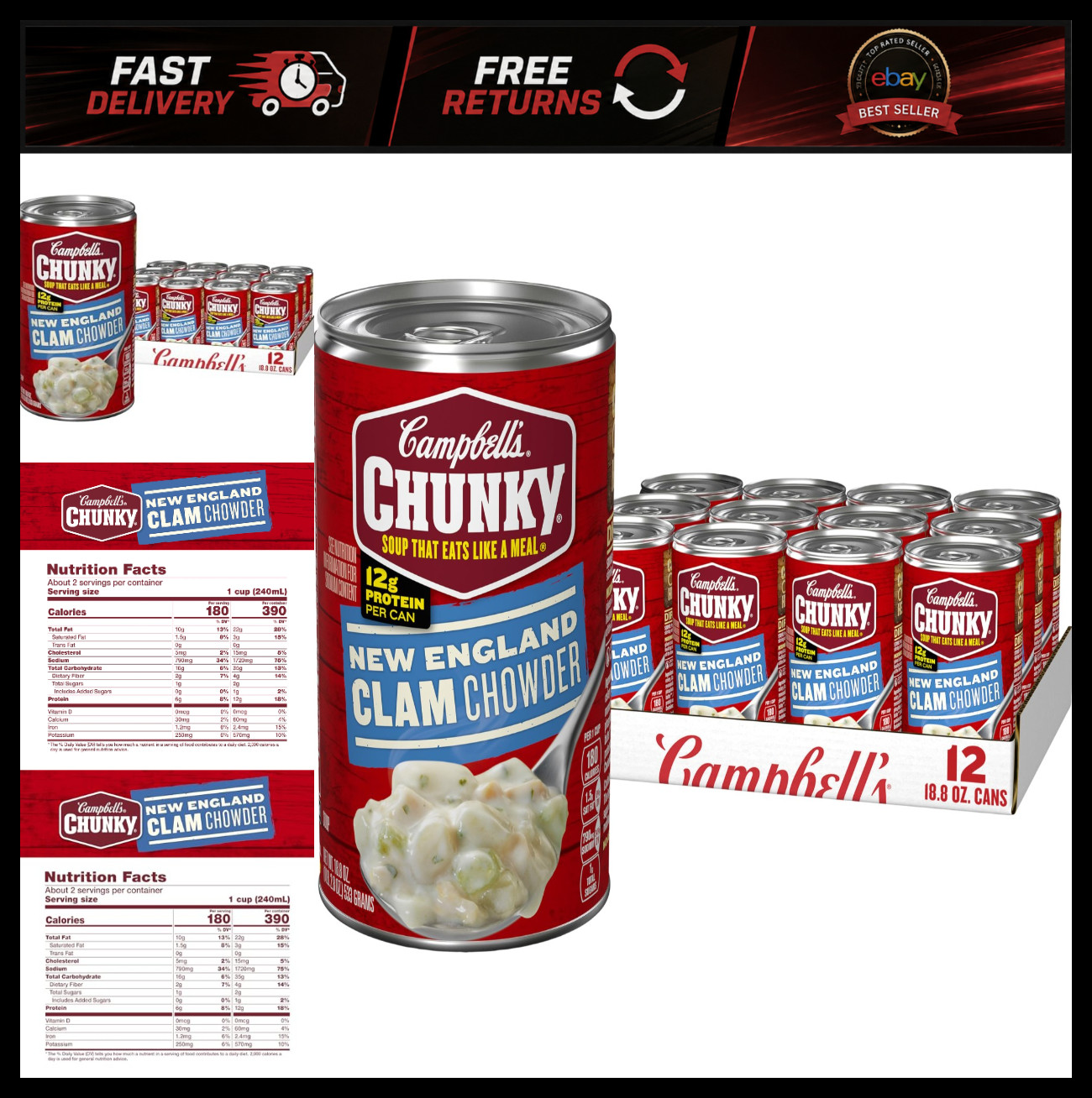 Campbell's Chunky Soup, New England Clam Chowder, 18.8 Oz Can (Case of 12)
