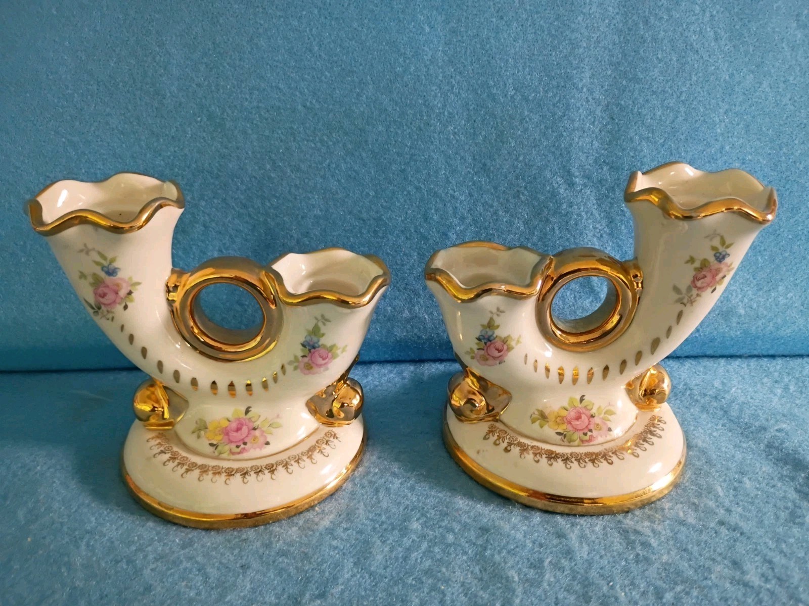 Vintage Abington Pottery Candlestick Holders Floral Design With Gold Accents Set