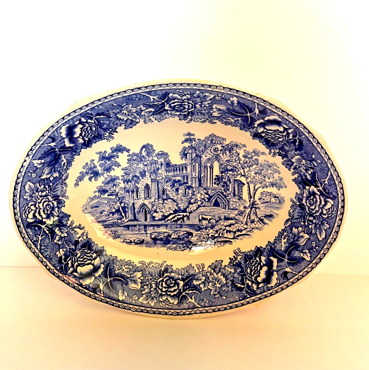 Vtg. Arabia Finland porcelain oval blue/white transfer ware serving bowl 10 inch