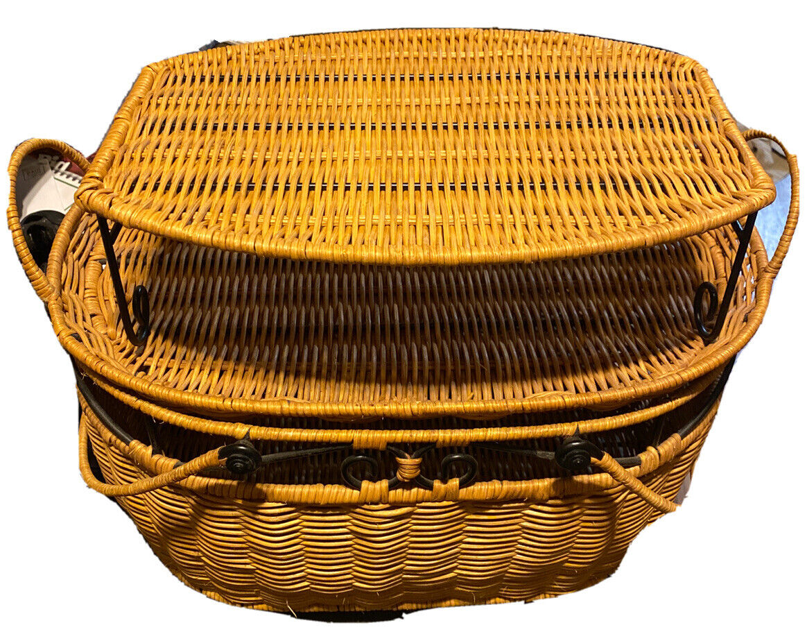 Rattan Vintage Picnic Basket Set,  Small Table, Tray With Handles,  (3 pieces)