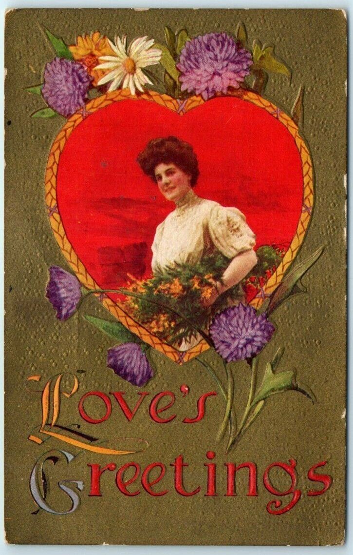 Postcard - Love's Greetings - Love/Romance - Woman, Heart, and Flowers Art Print