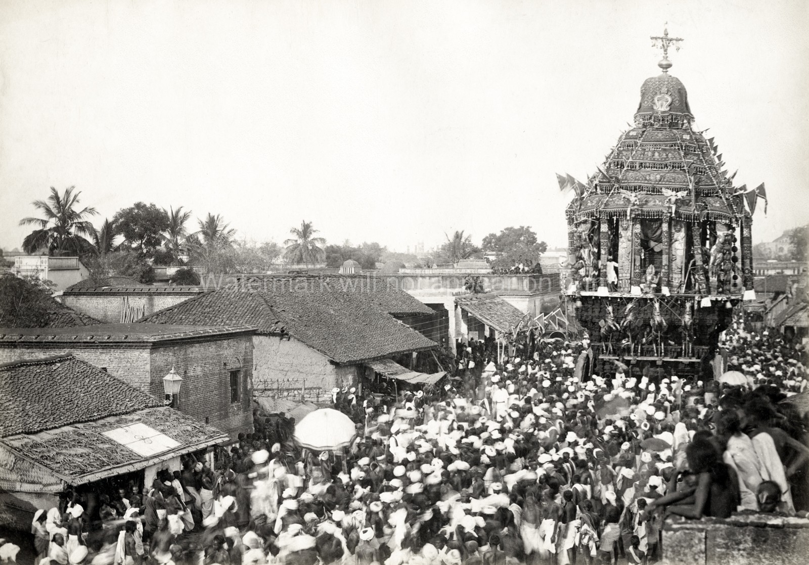 India Festival Car Religious Procession Chariot Crowd Hindu Vtg. Photo 19thC.
