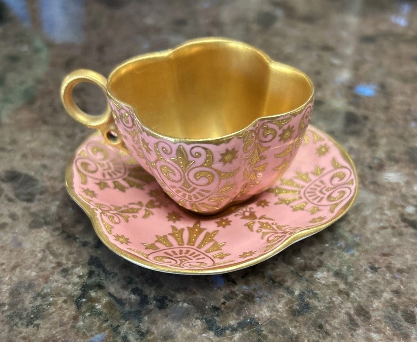 Antique England Coalport Demitasse Mini Teacup Saucer Pink With Gold Details.