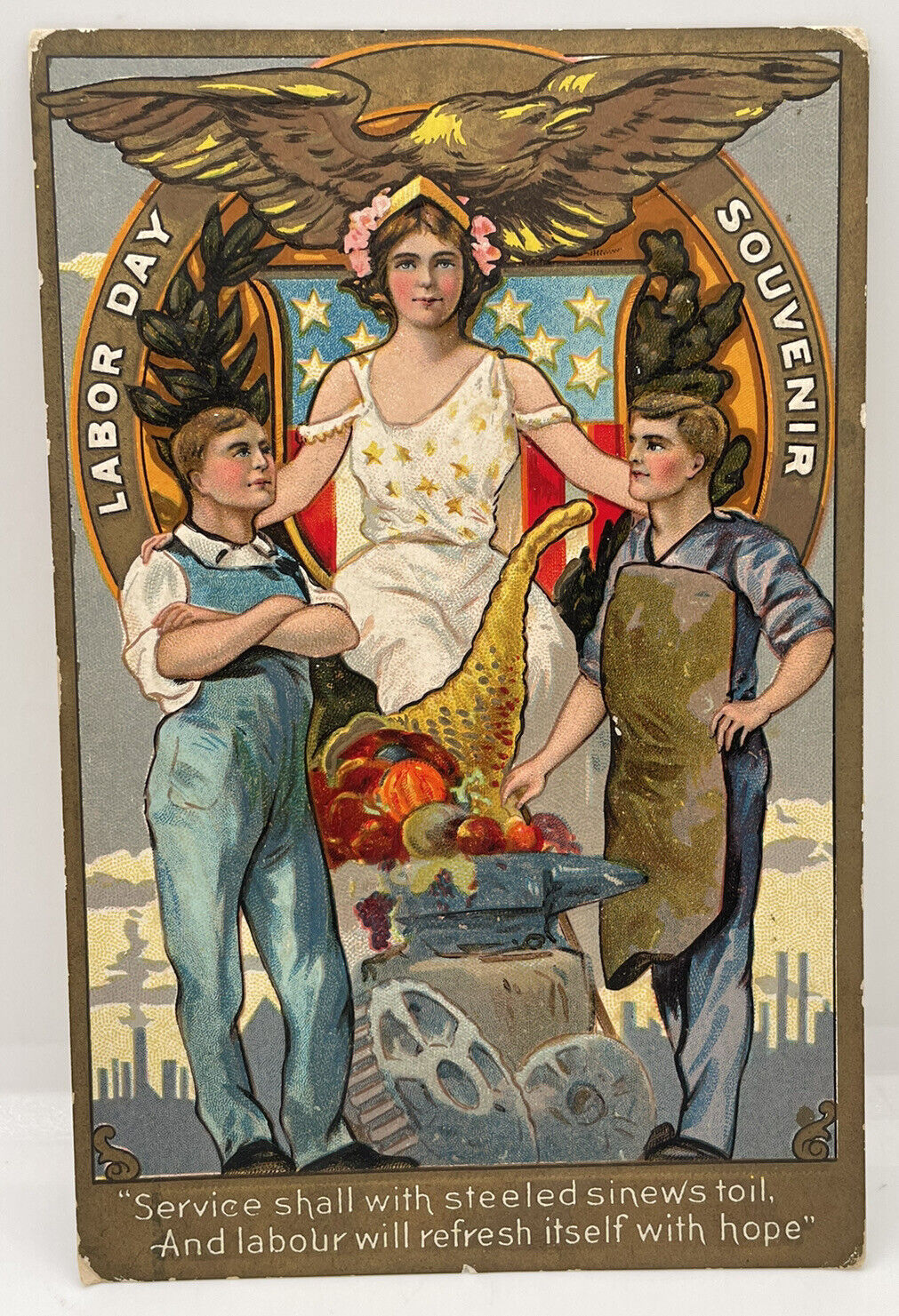 Nash Patriotic Labor Day Series Blacksmith Anvil Gears c 1910 Postcard Antique