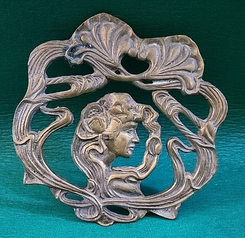 Vtg Art Nouveau Style Brass Lady Flower Goddess Wall Plaque Trivet Korea, 6”