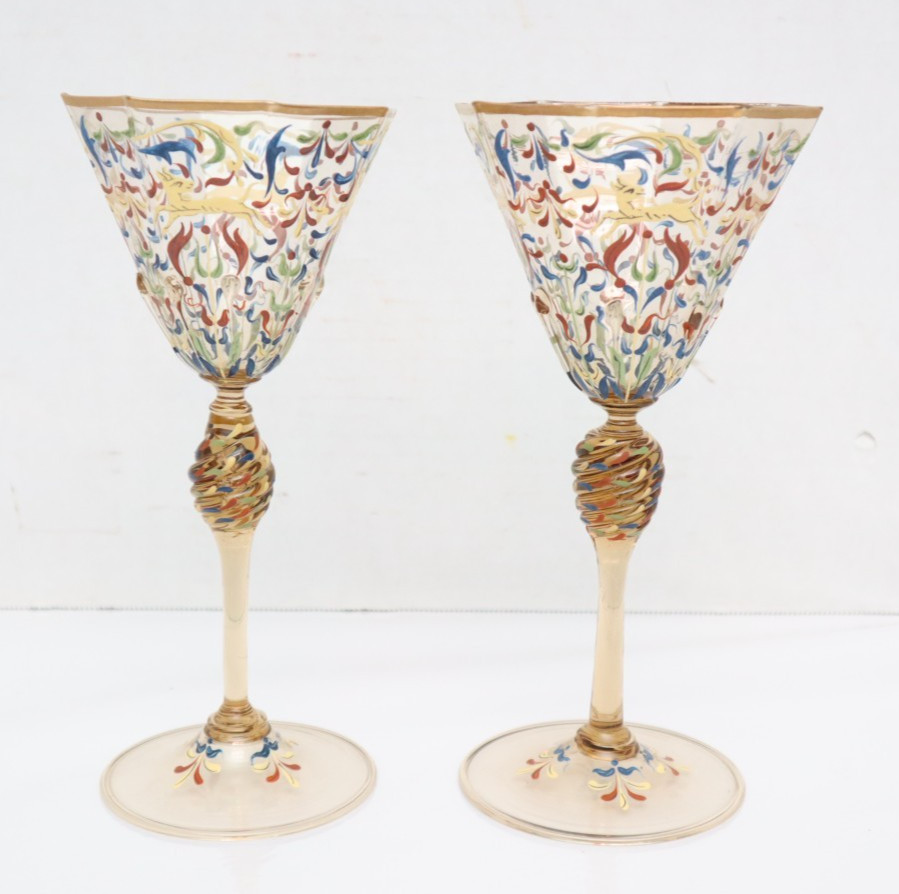 SET 2 Moser Salviati Canine & Foliate Wine Glass Enamel Venetian Murano VTG 8.5\