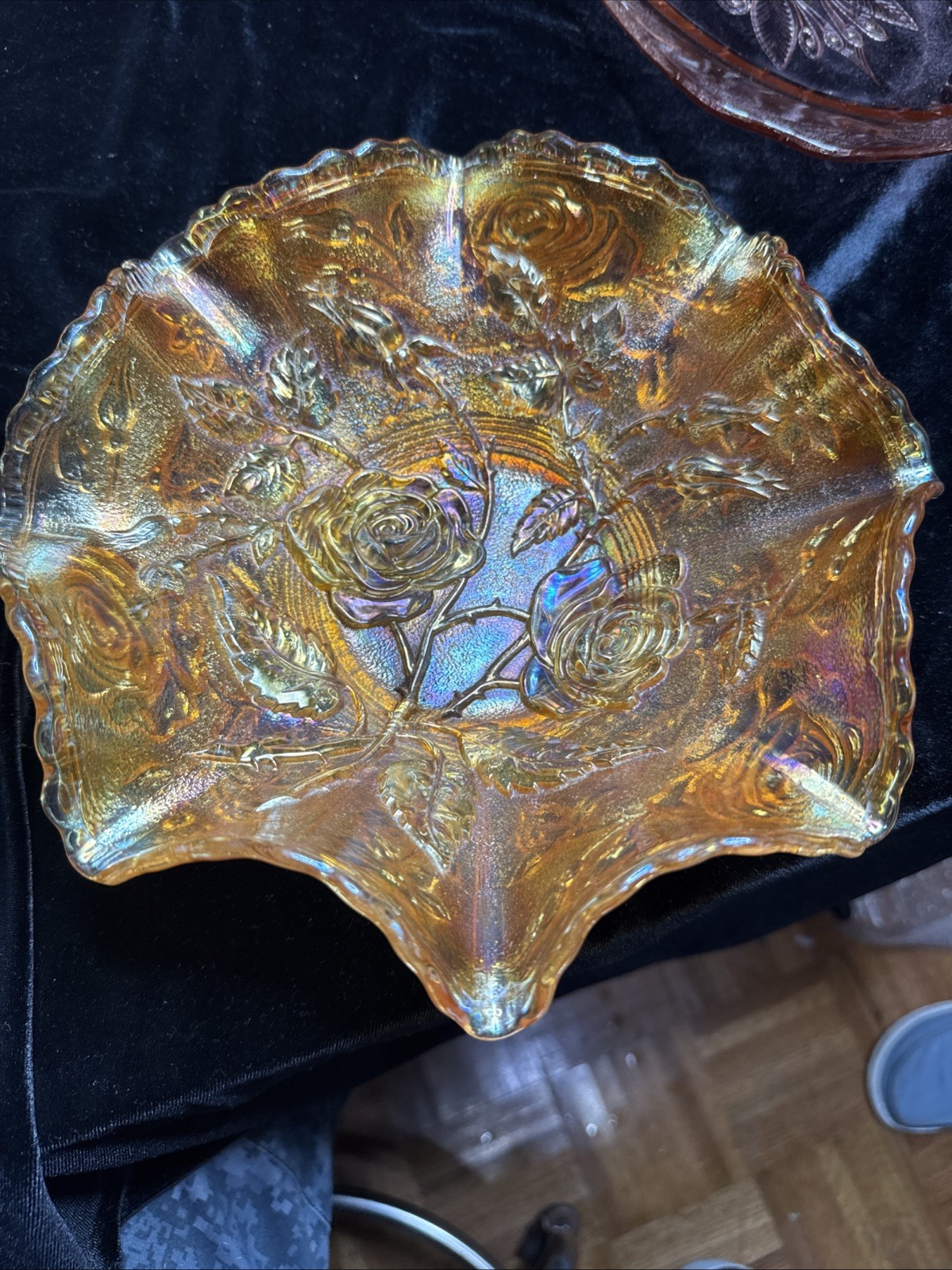 Imperial Glass Marigold Carnival Bowl Ruffle Edge - Open Rose Pattern 9\ Imperial Glass Marigold Carnival Bowl Ruffle Edge - Open Rose Pattern 9\