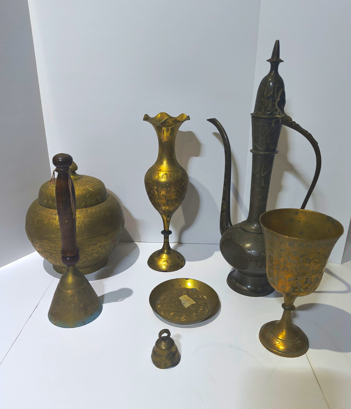 Vintage Indian Etched Brass Lot - 7 Pcs Ewer Pitcher, Chalice, Vase, Bells & Pot