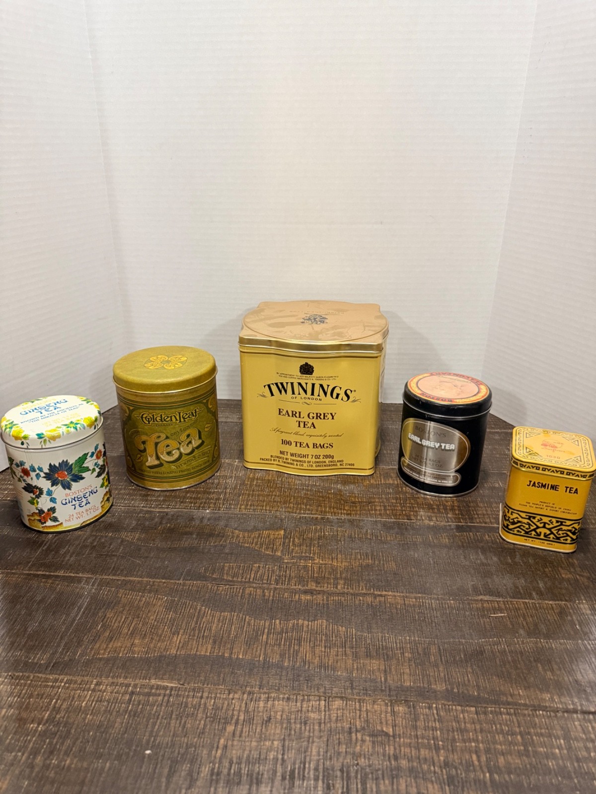 Vintage Tea Tin Lot of 5 Twinings Boston Tea Co Golden Leaf Jasmine Decor