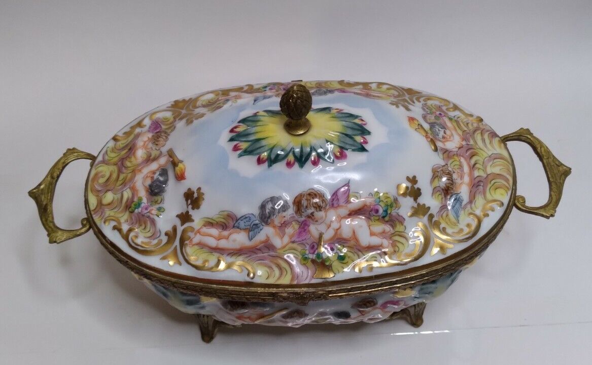 Antique French Porcelain & Ormolu Hinged Box Keepsakes Jewelry