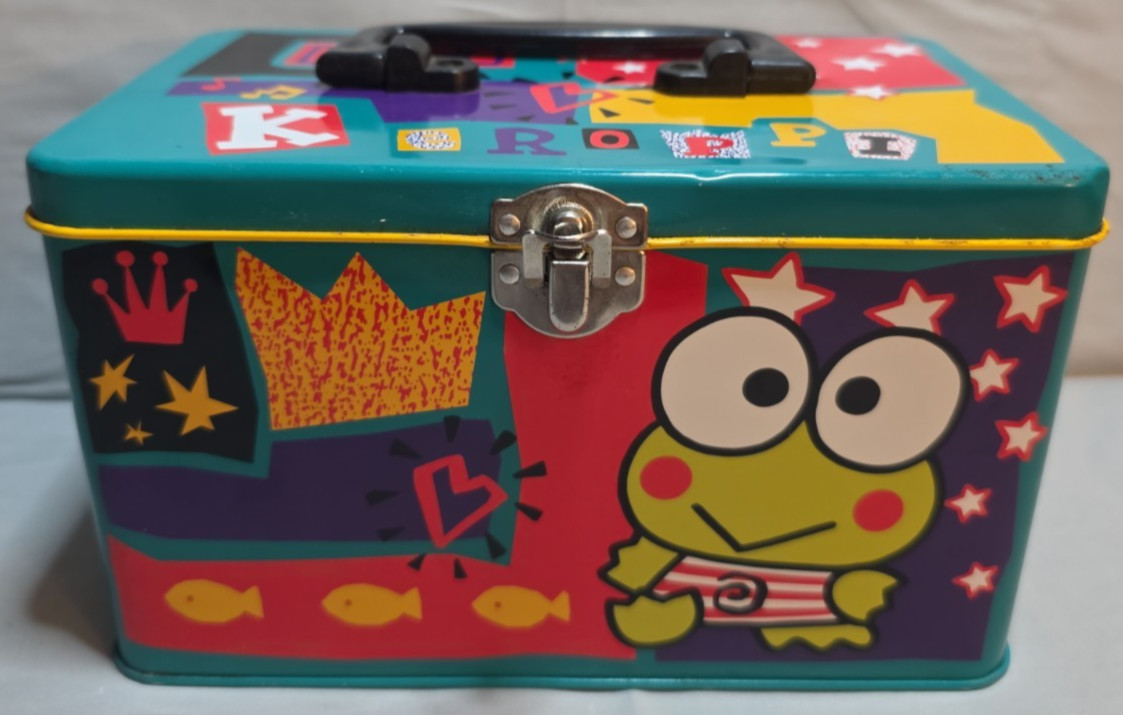 Vintage Sanrio Keroppi Frog Metal Green Tin Handle Storage Case Lunch Box Rare 
