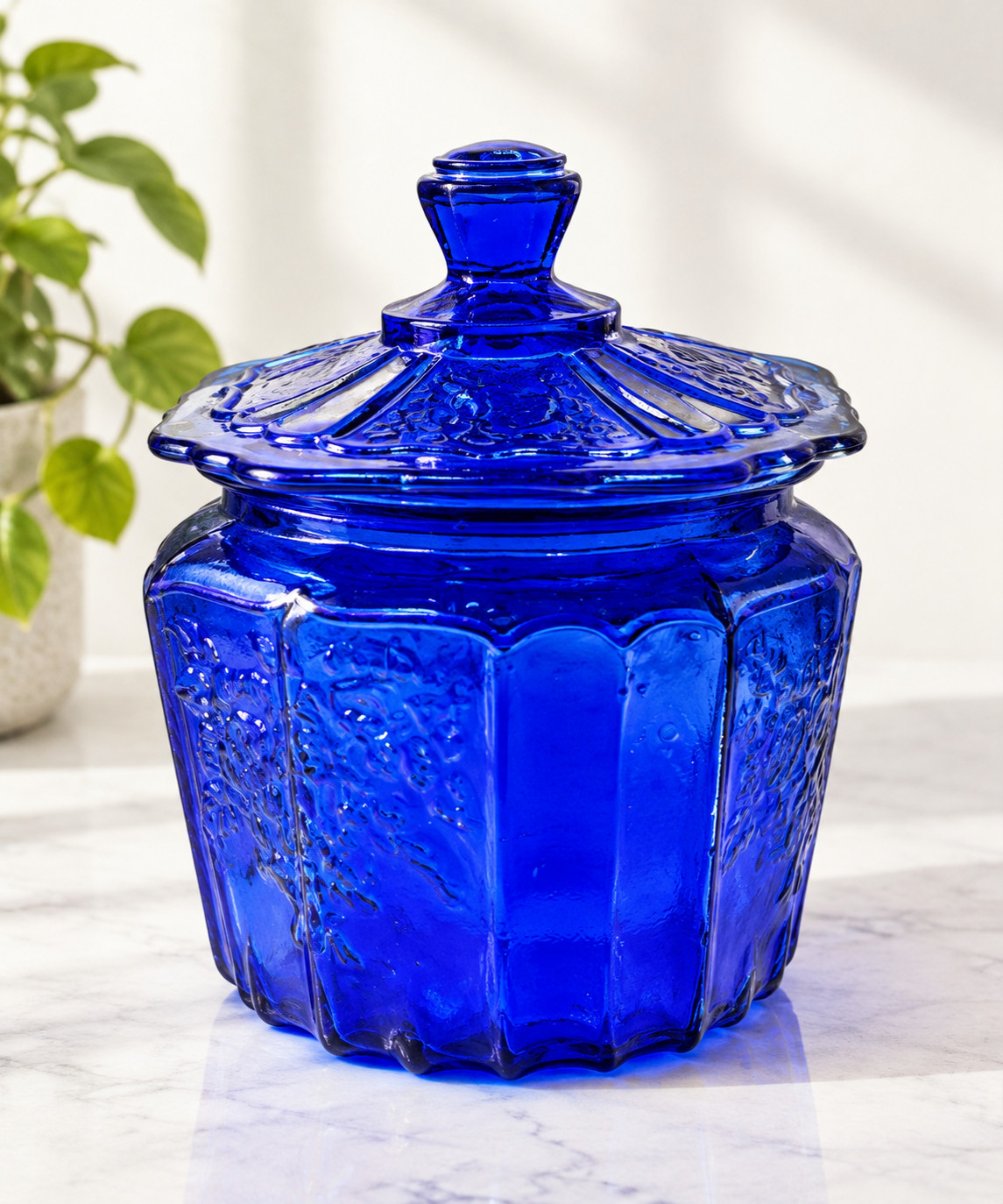 Anchor Hocking Mayfair Open Rose Cobalt Blue Glass Cookie Jar w/Lid Vintage