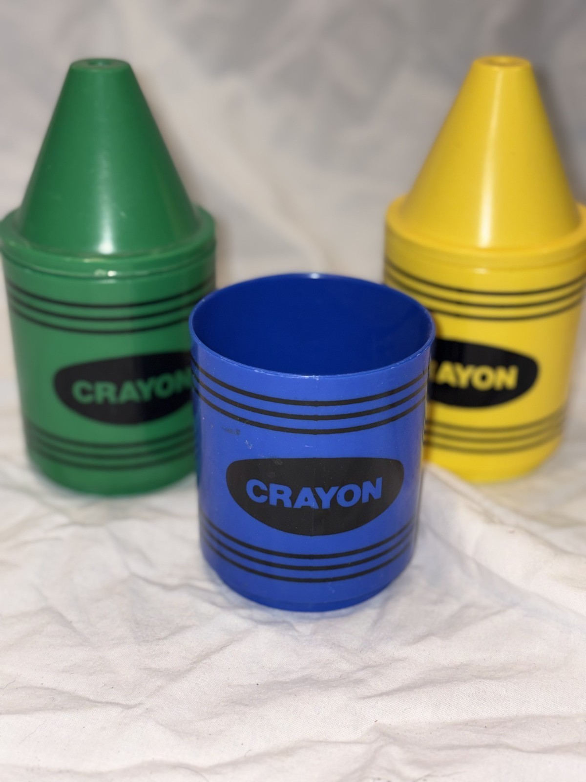 Vintage 1980s Crayon Shaped Kids Drinking Cups Set of 3 Green Blue Yellow 2 Lids